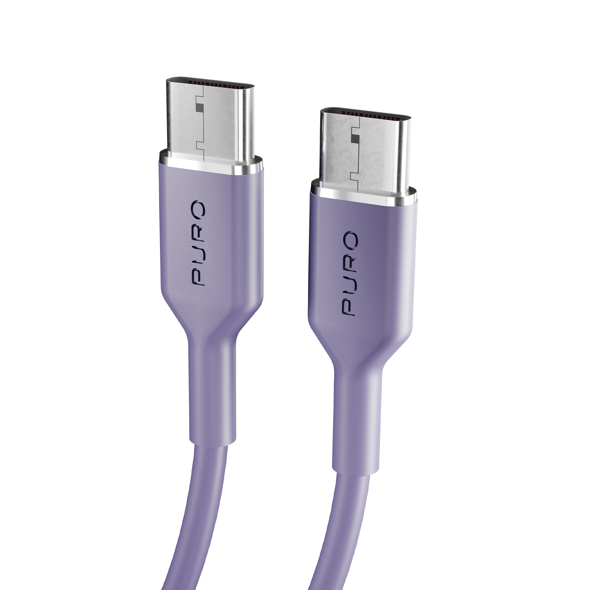 Due cavi USB-C viola con connettori argentati su sfondo bianco.