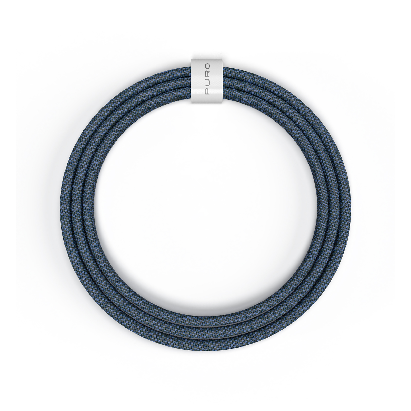 Un cavo intrecciato blu scuro è disposto a cerchio su sfondo bianco.