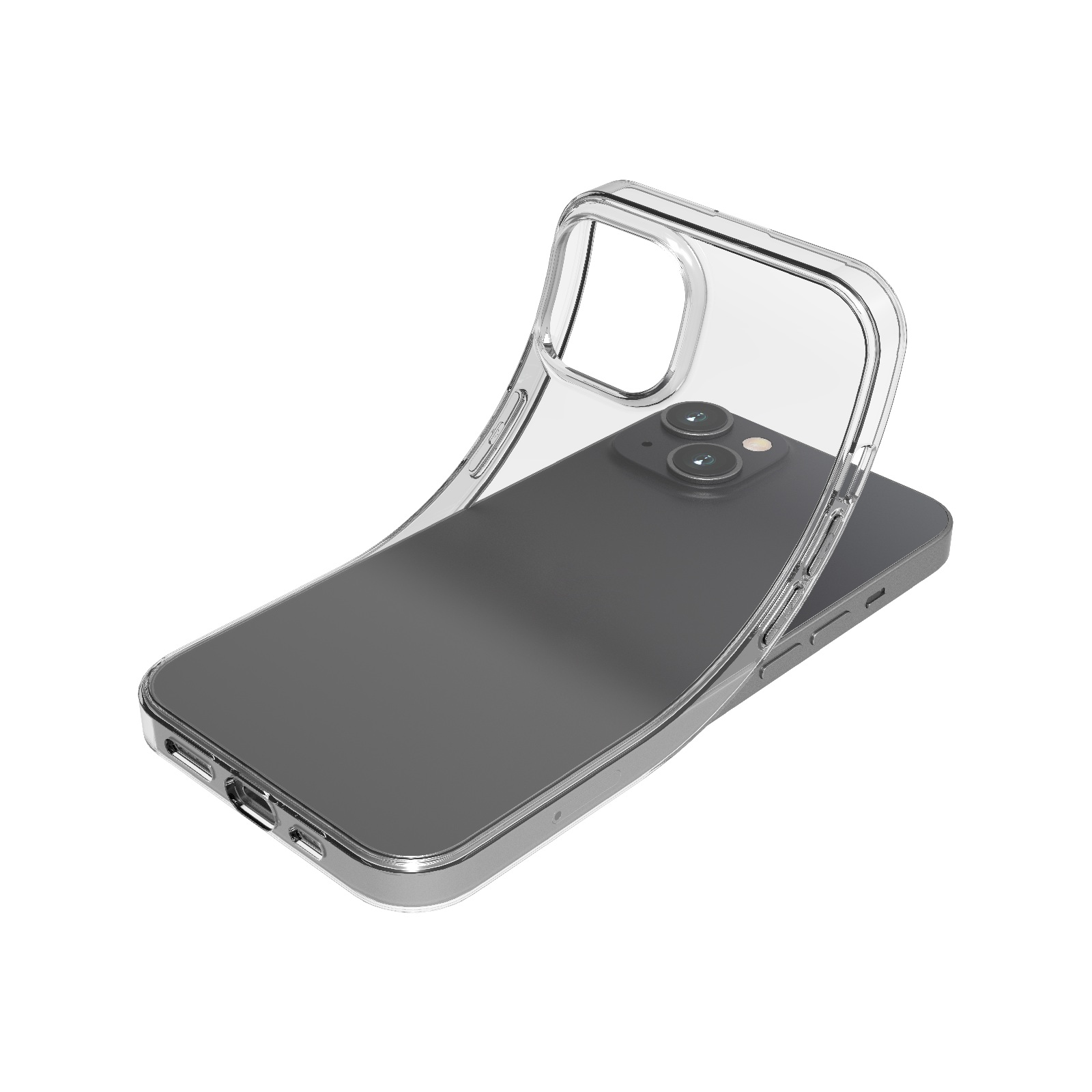 Una cover trasparente per telefono giace su uno smartphone scuro.