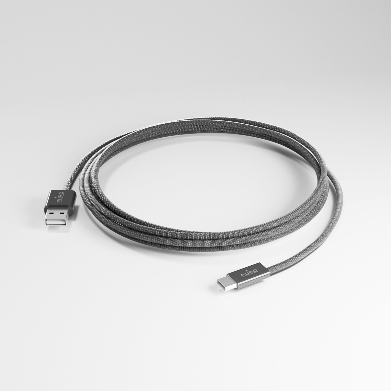 Graues USB-A-zu-USB-C-Kabel auf weißem Hintergrund mit PURO-Logo.