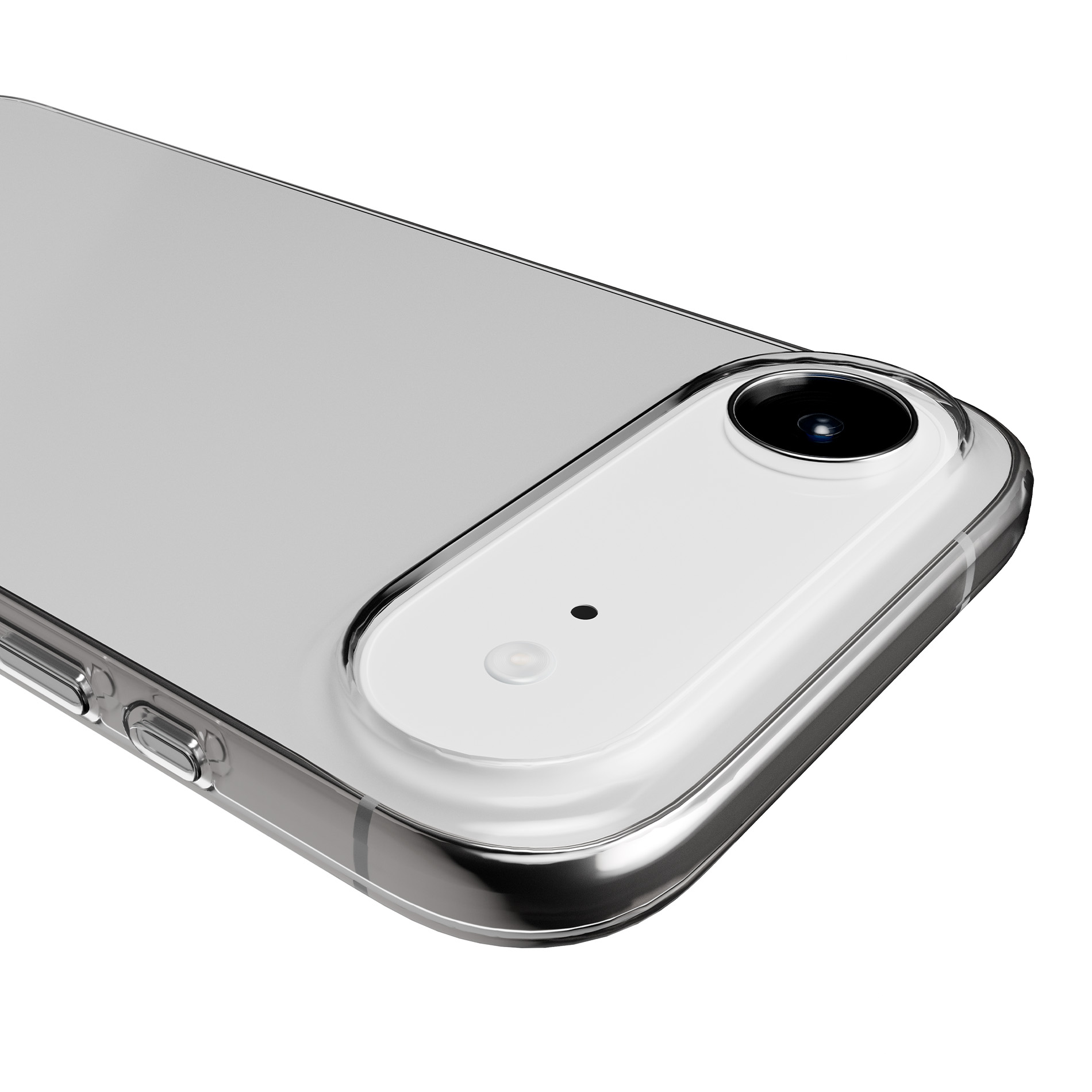 Primo piano di una custodia trasparente per telefono con ritaglio fotocamera.