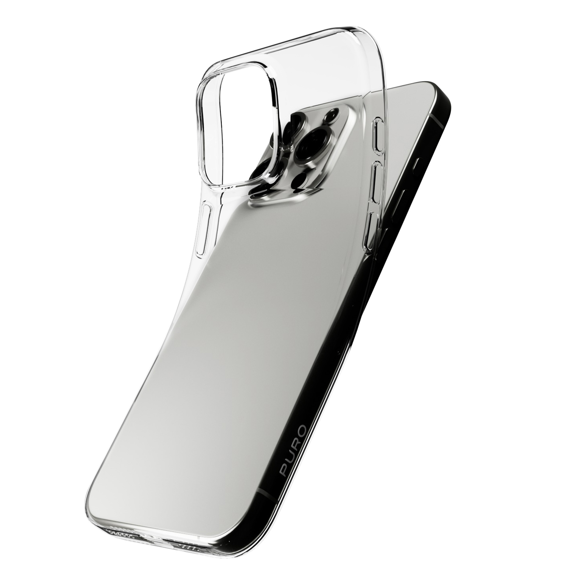 Custodia trasparente su smartphone argentato con modulo fotocamera.