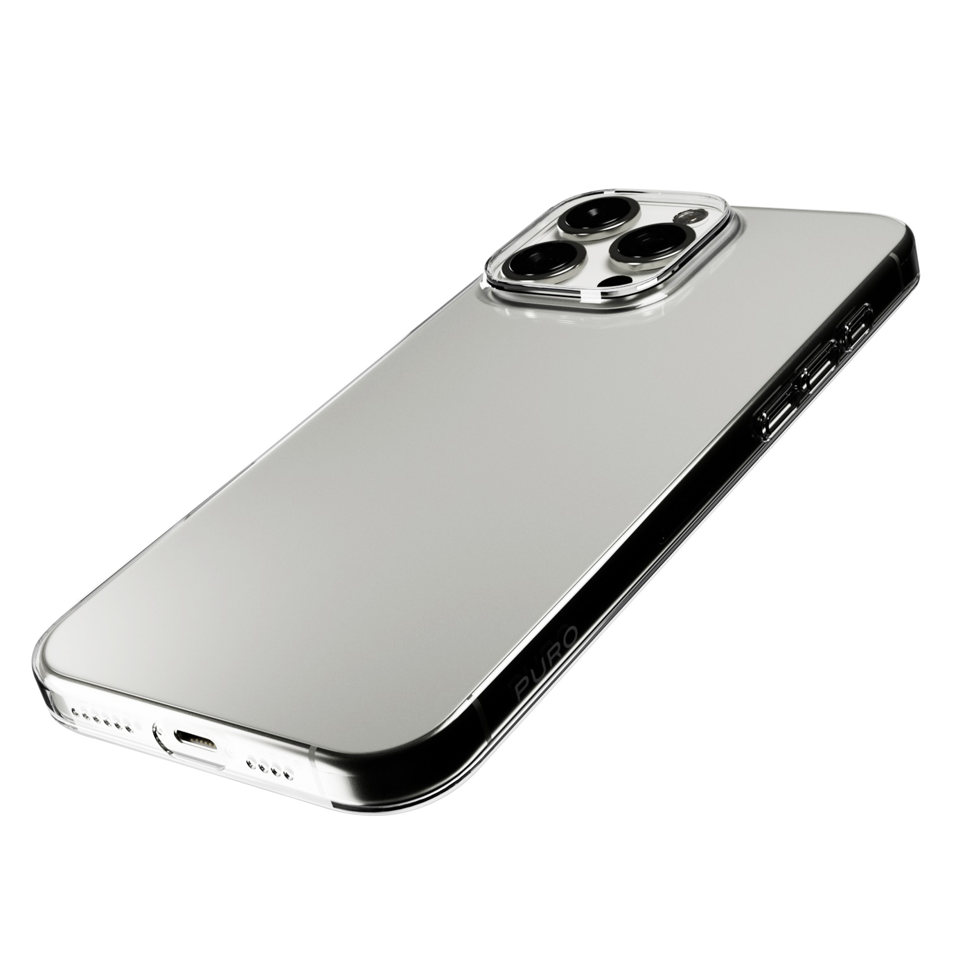 Smartphone argentato con tre obiettivi e porta di ricarica.