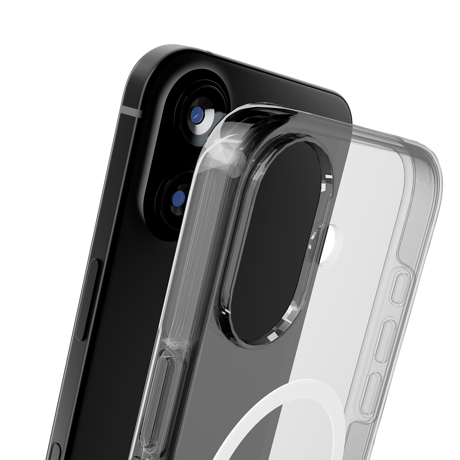 Primo piano del retro nero del telefono con custodia trasparente, retro bianco.