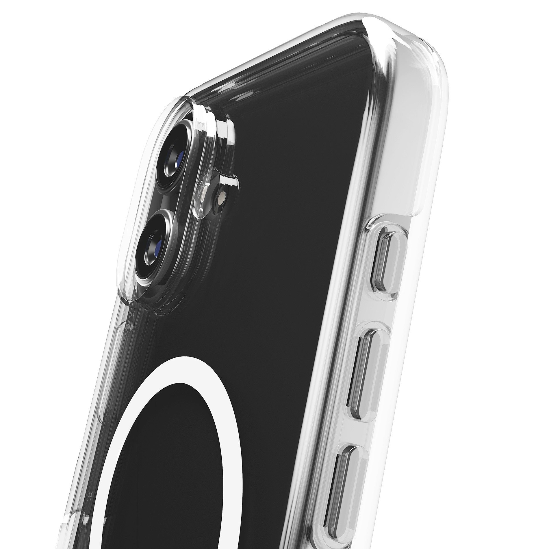 Custodia trasparente per telefono con lenti della fotocamera e pulsanti laterali.
