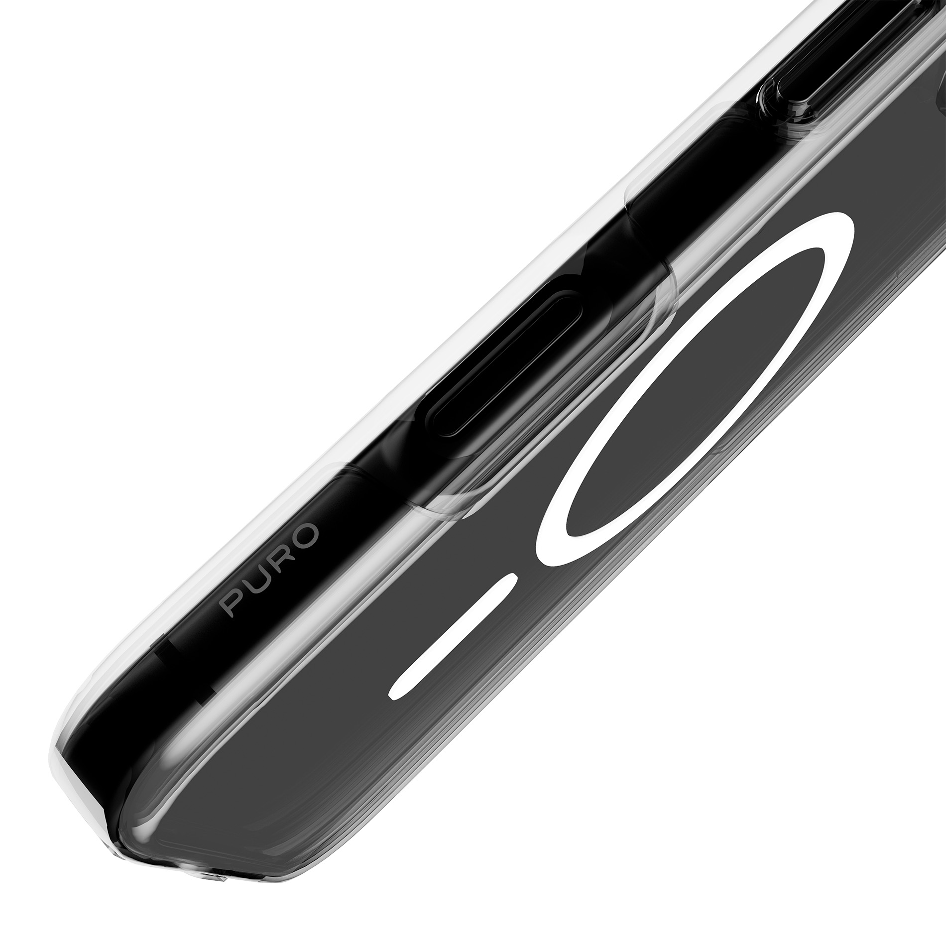 Custodia trasparente per telefono con pulsanti neri e logo PURO.