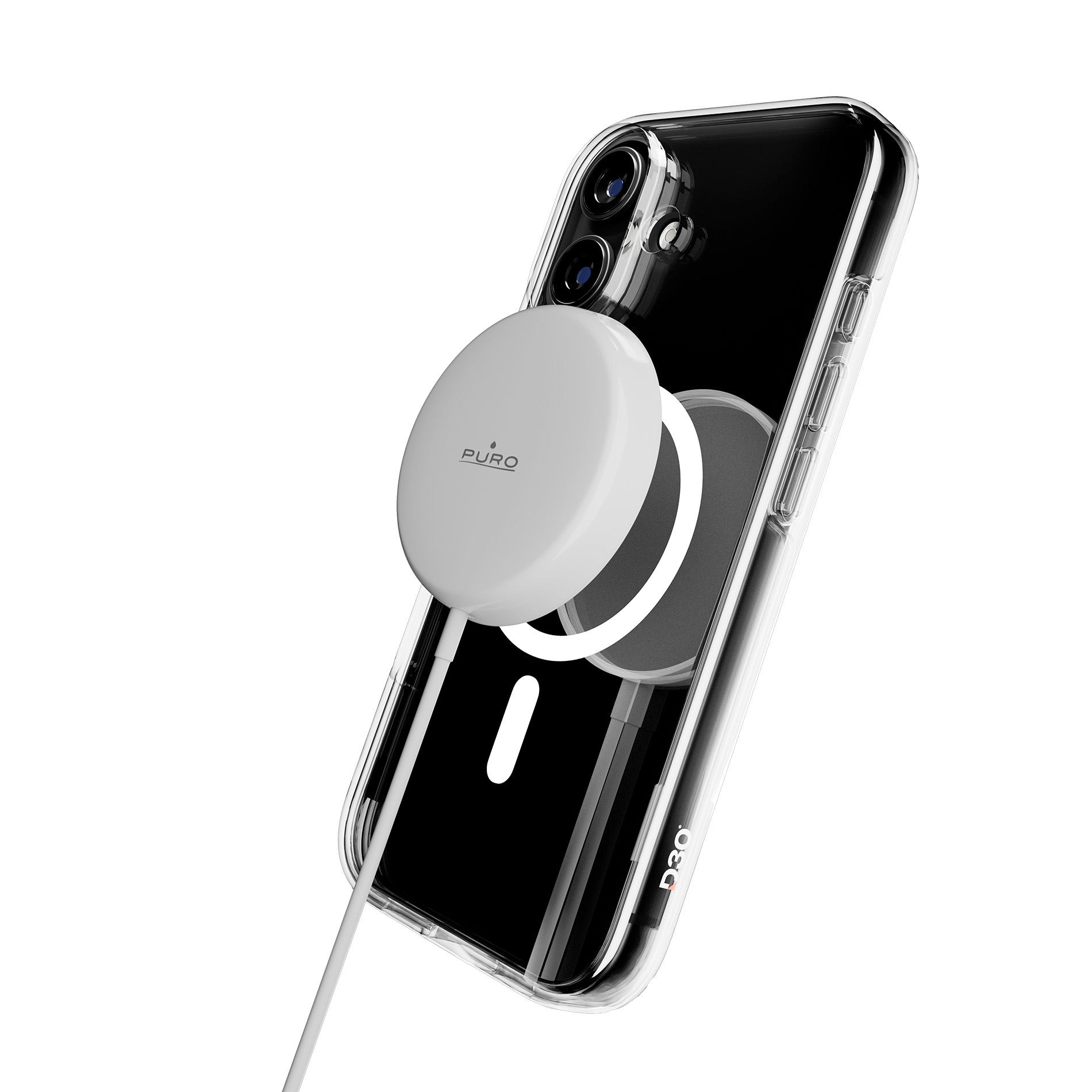 Un caricabatterie bianco è attaccato a una custodia trasparente per iPhone.