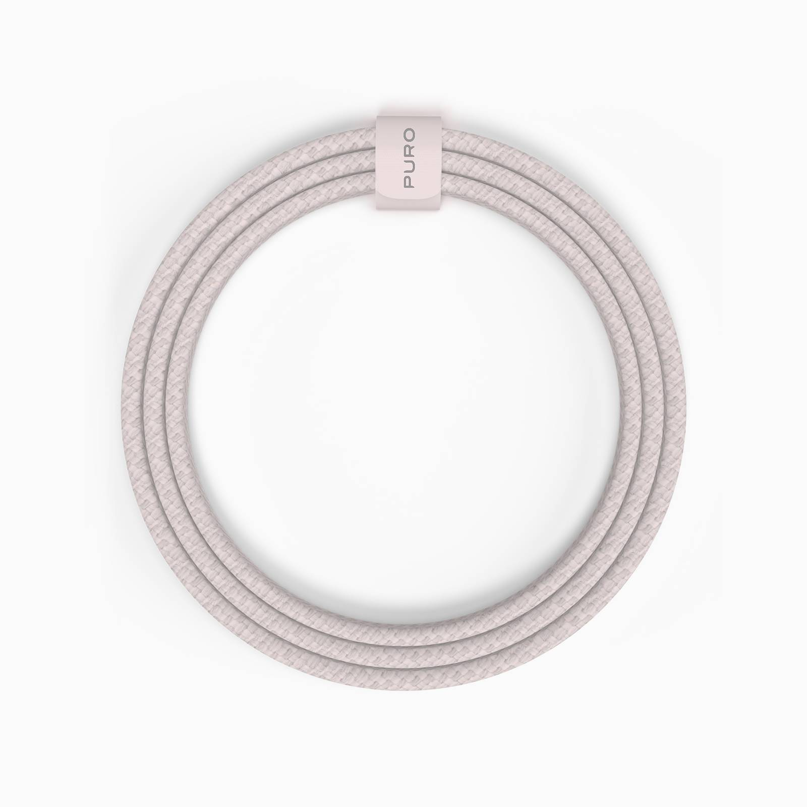 Ein hellgraues, geflochtenes Kabel, das zu einem Kreis auf weißem Hintergrund gebunden ist.