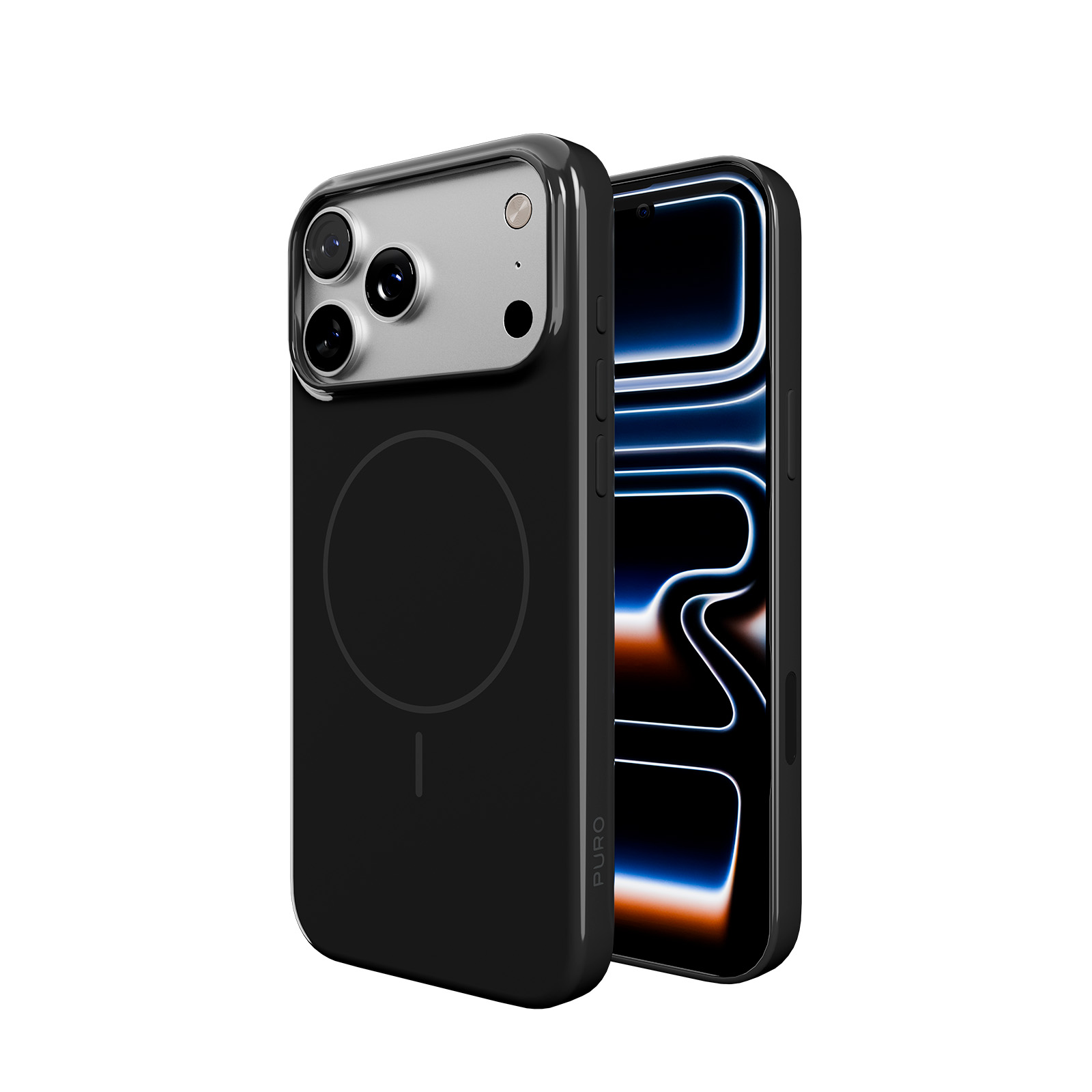 Custodia nera per telefono con tre fotocamere e schermo blu.