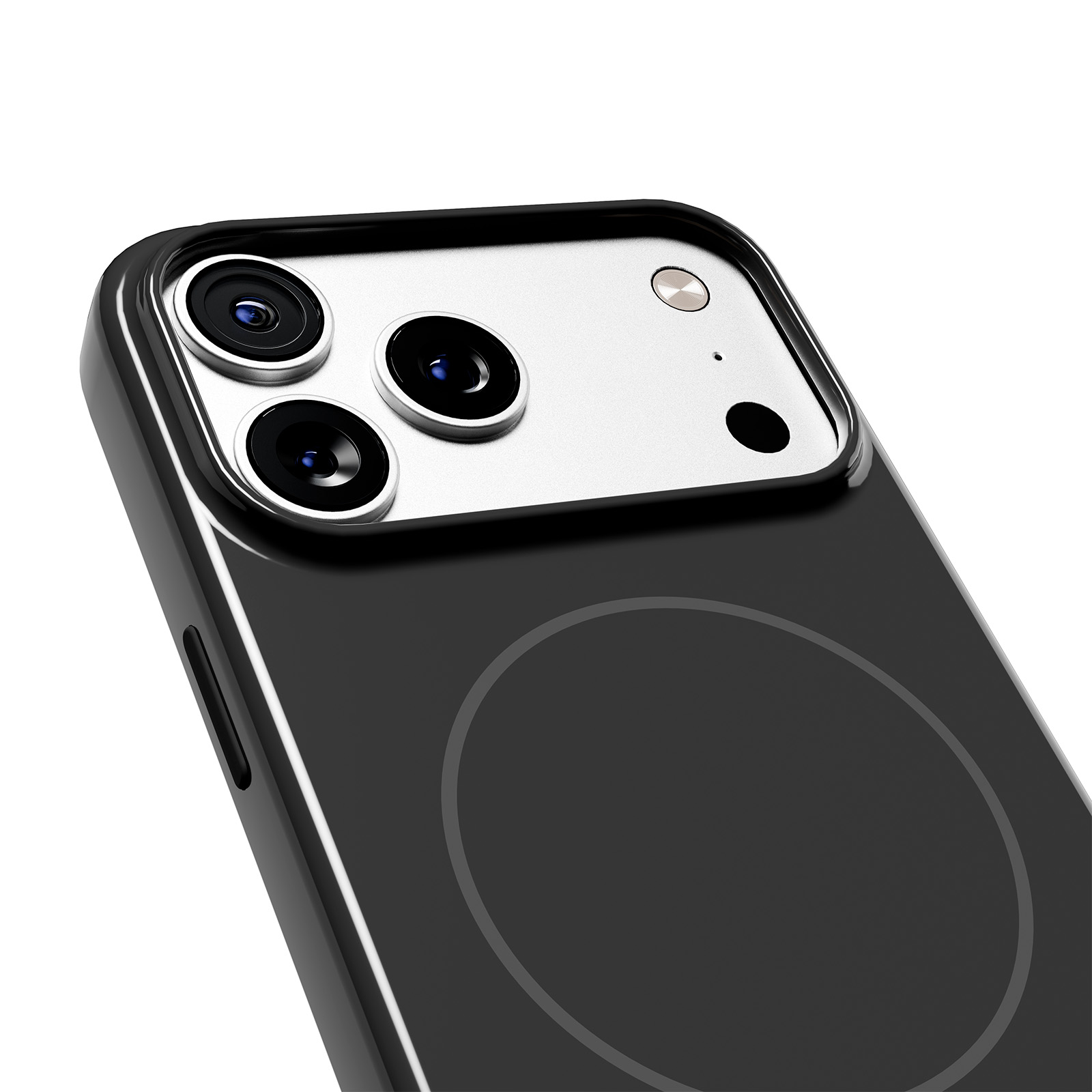 Primo piano del retro di un iPhone nero con tre obiettivi e un flash.