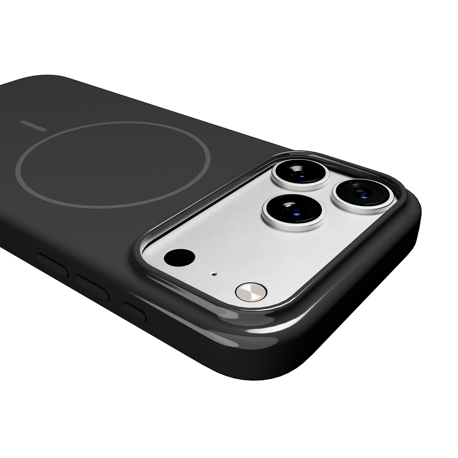 Custodia nera per telefono con tre fotocamere posteriori e area di ricarica magnetica.