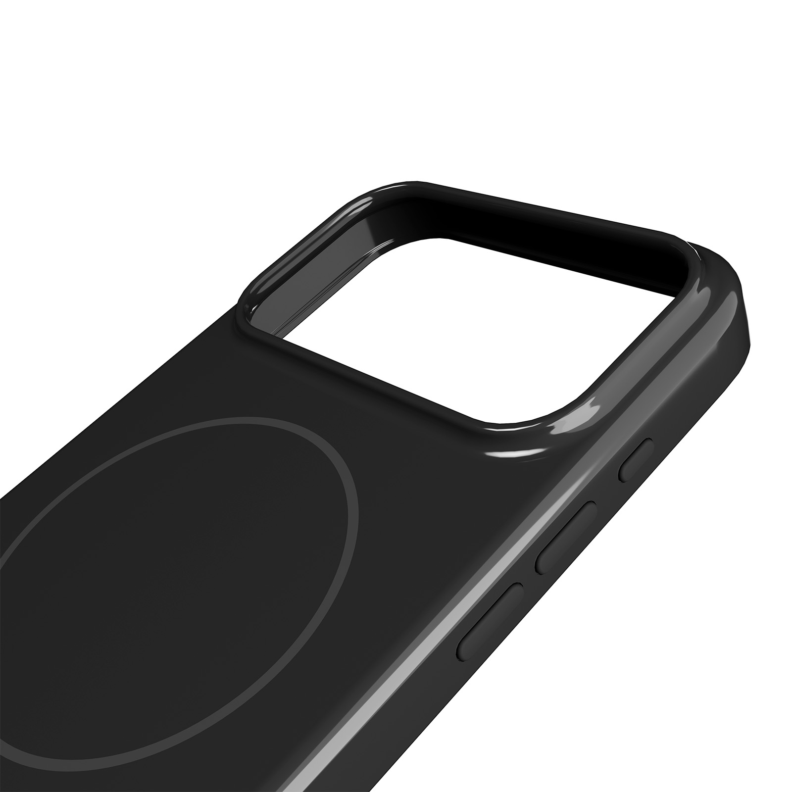 Custodia nera per telefono con ritaglio fotocamera e pulsanti laterali.
