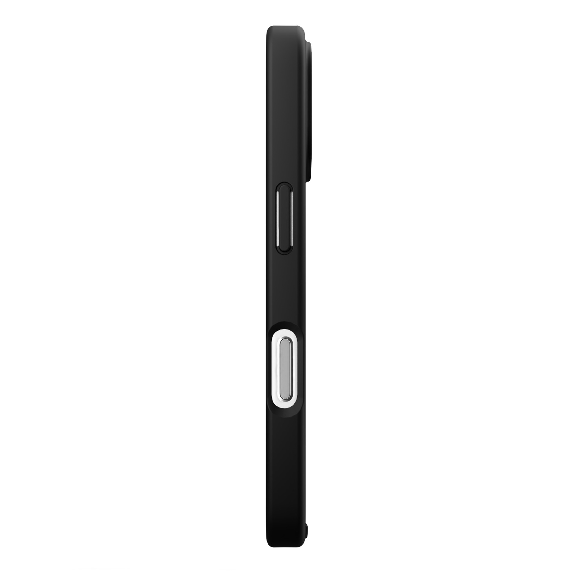 Funda de teléfono negra de perfil con botones plateados.
