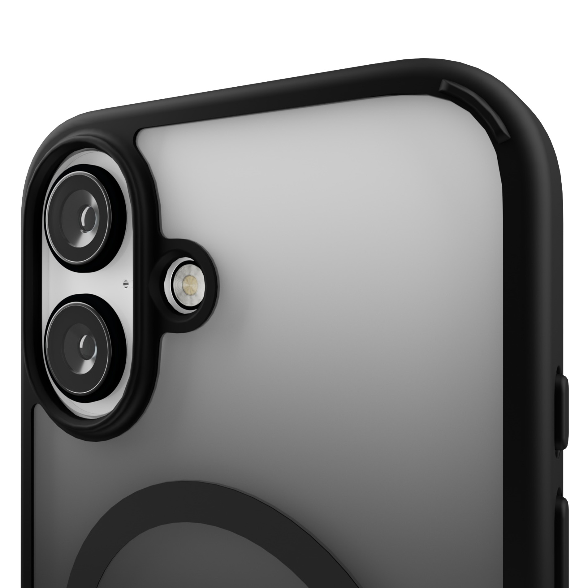 Parte trasera de un smartphone con dos cámaras y flash en funda negra.
