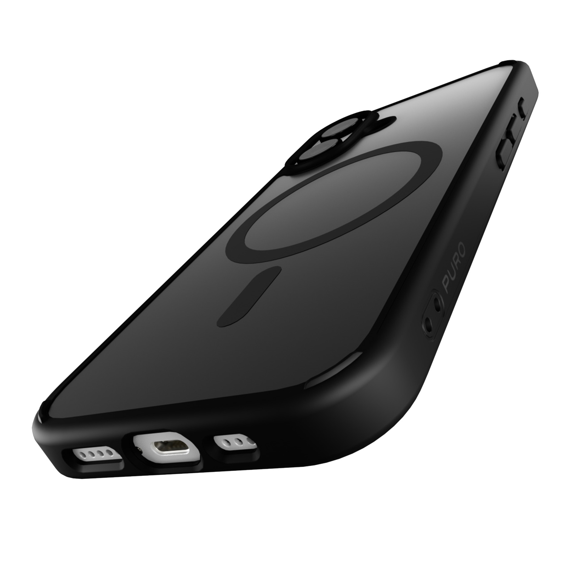 Funda negra para teléfono con círculo MagSafe y logo Puro, sobre fondo blanco.