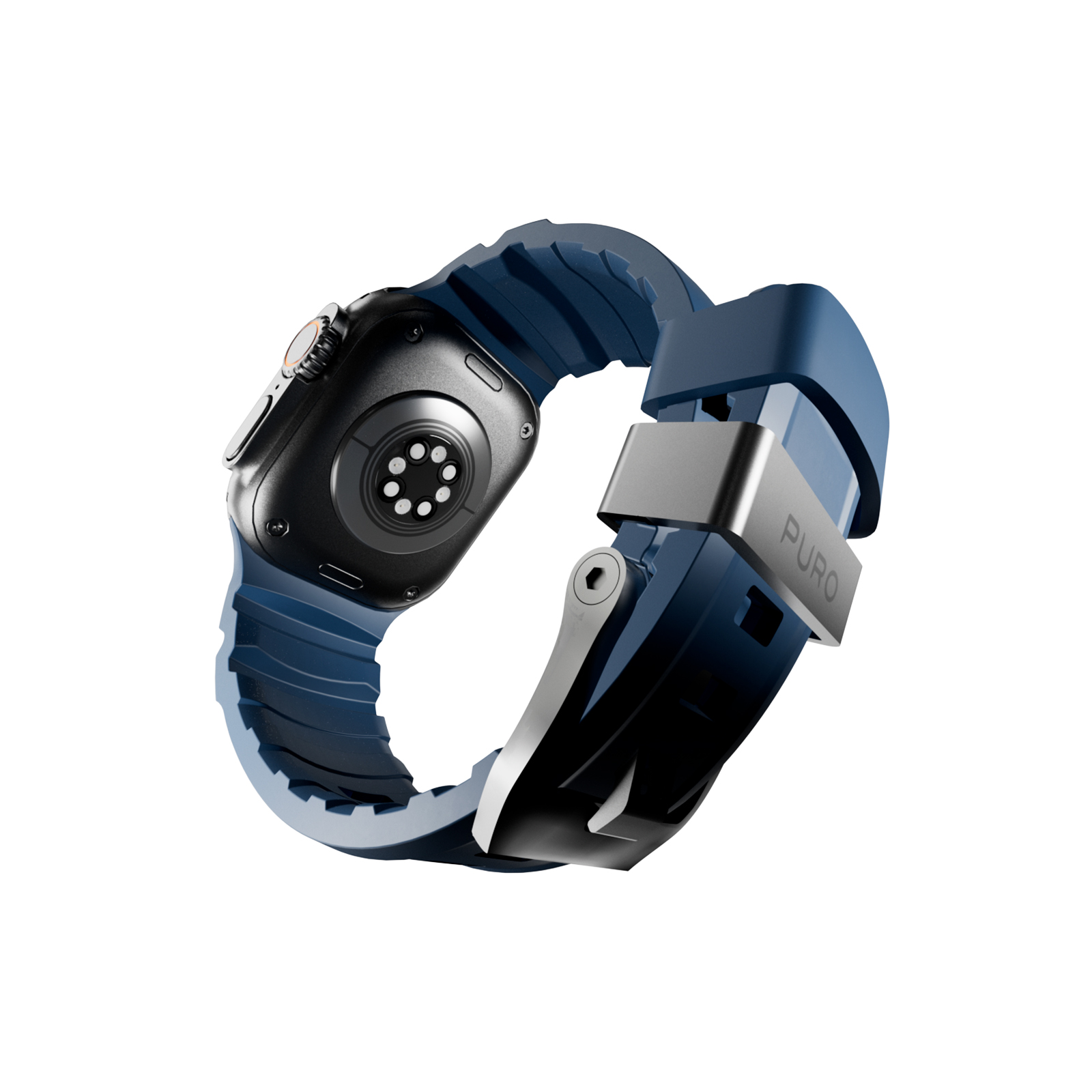 Un reloj inteligente azul oscuro con sensor de frecuencia cardíaca y logo Puro.