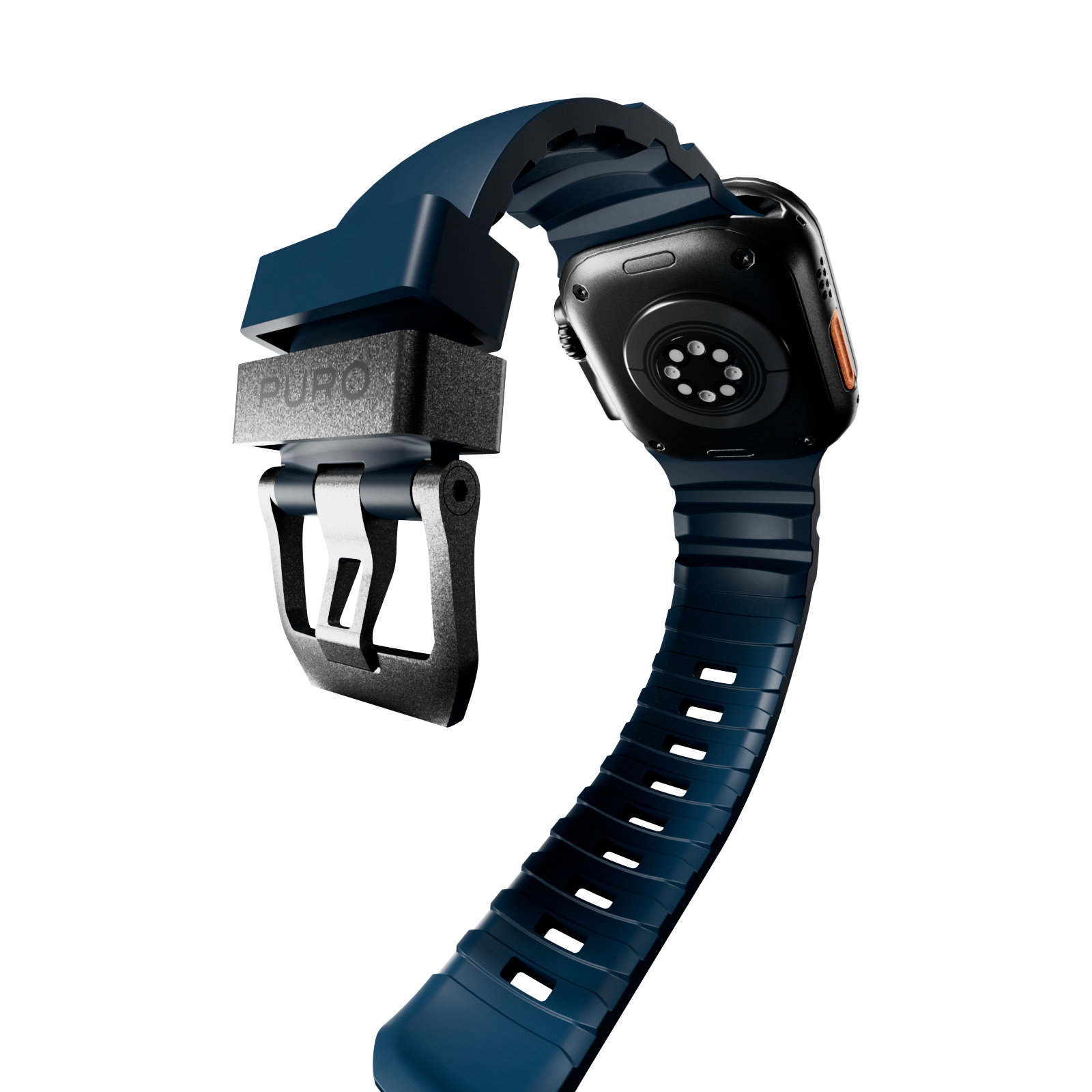 Reloj inteligente azul oscuro con carcasa negra, sensor de frecuencia cardíaca y logo Puro.