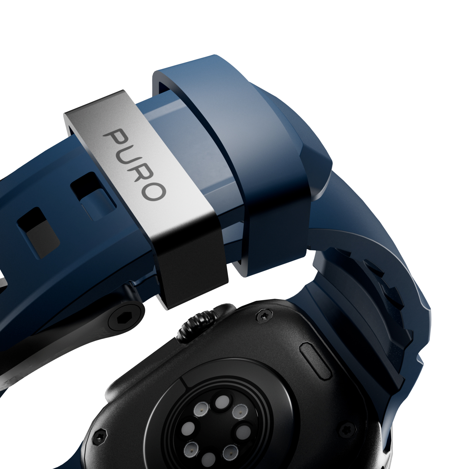 Primer plano de una correa de reloj azul oscuro con cierre plateado PURO. Se ve la parte posterior del reloj.