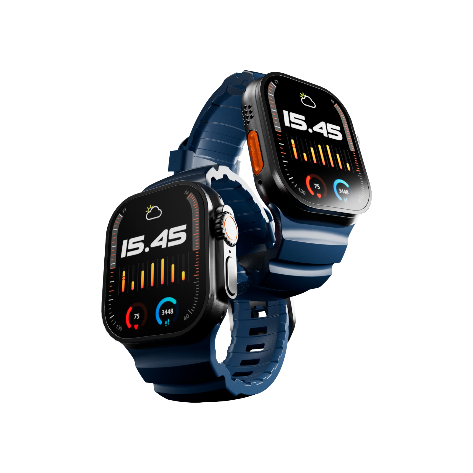 Dos relojes inteligentes con correas azules muestran 15.45, ritmo cardíaco y pasos.