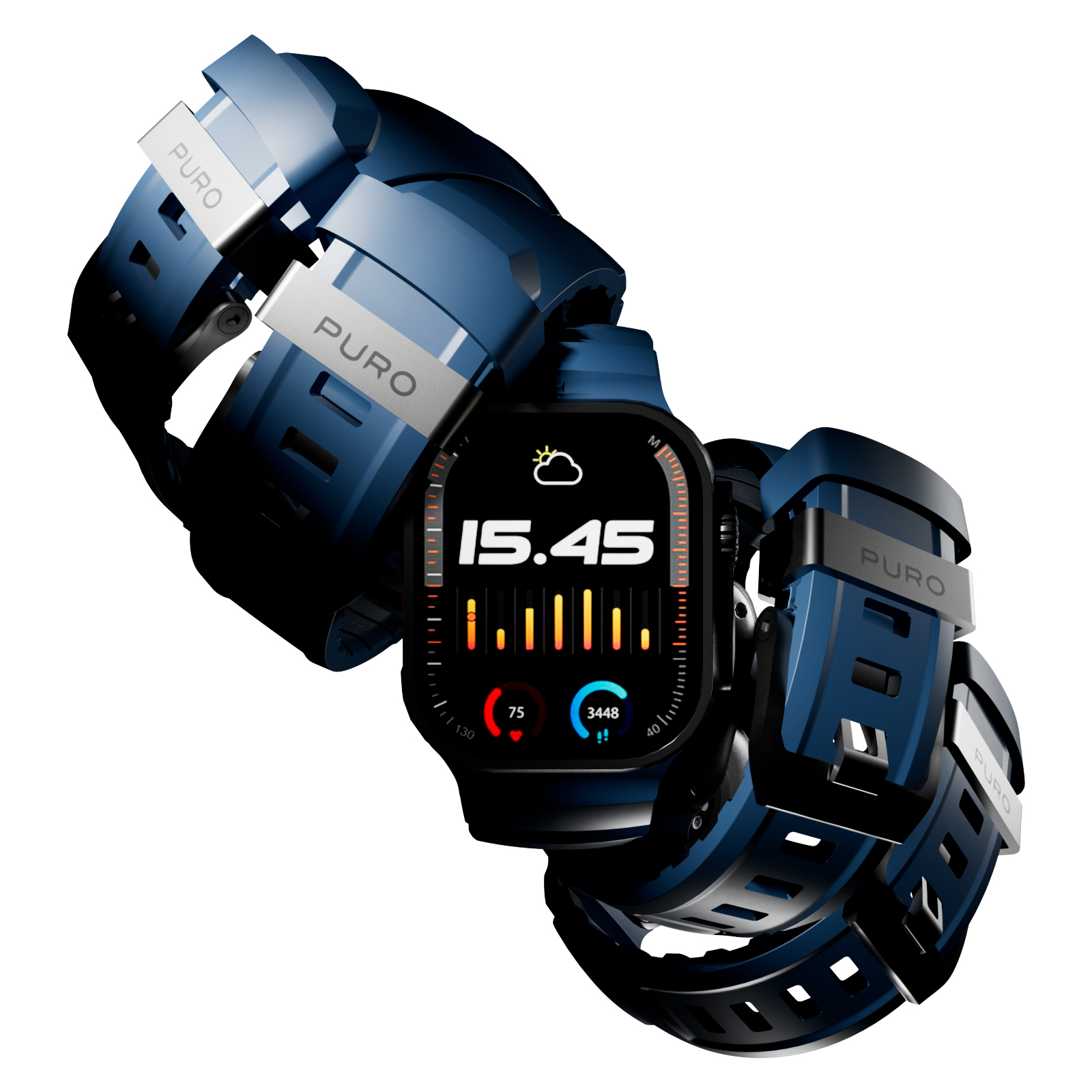 Banda azul de smartwatch con logo Puro que muestra hora digital y datos de fitness.
