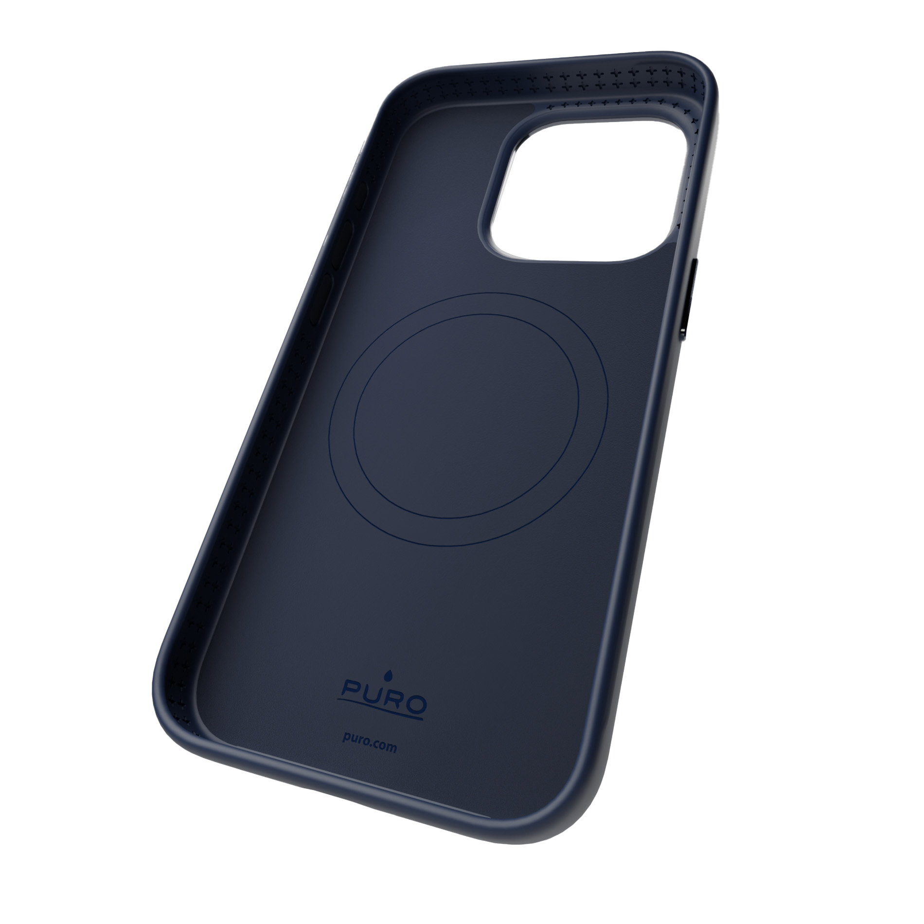 Custodia blu scuro per telefono con logo Puro e sito web all'interno.