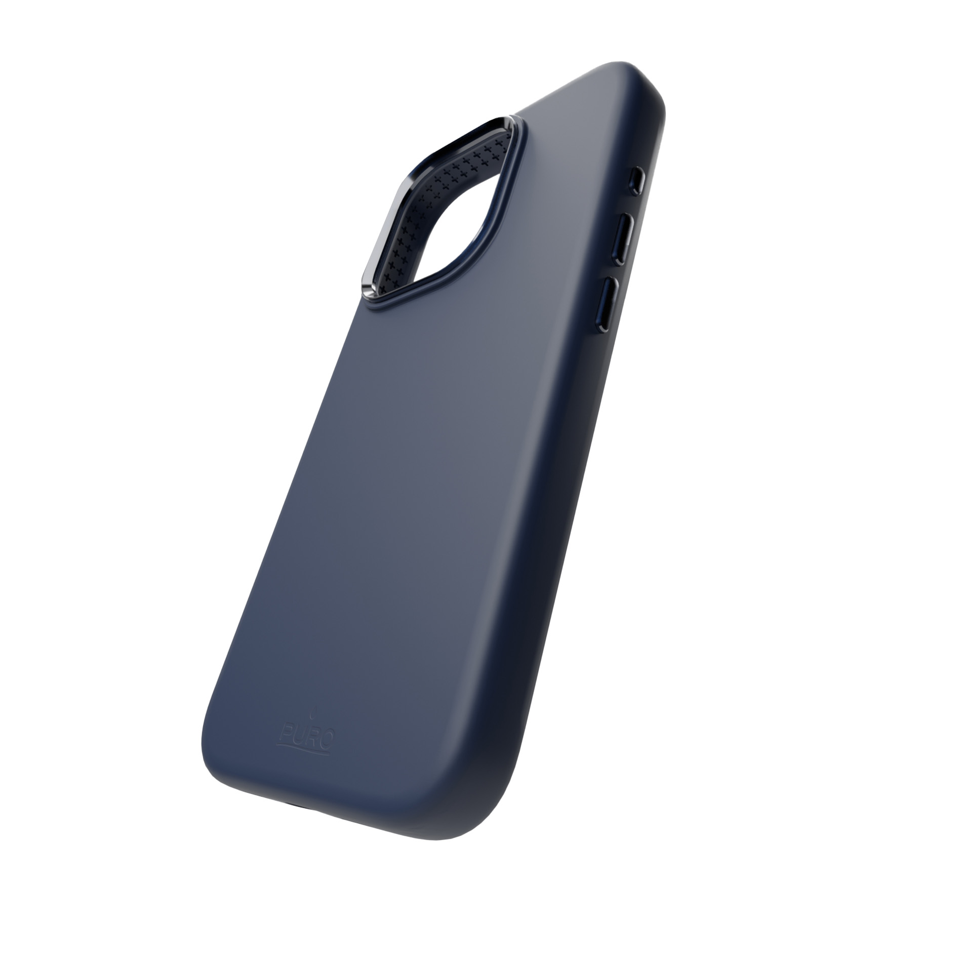 Custodia blu scuro per telefono con bordo argento e logo PURO.