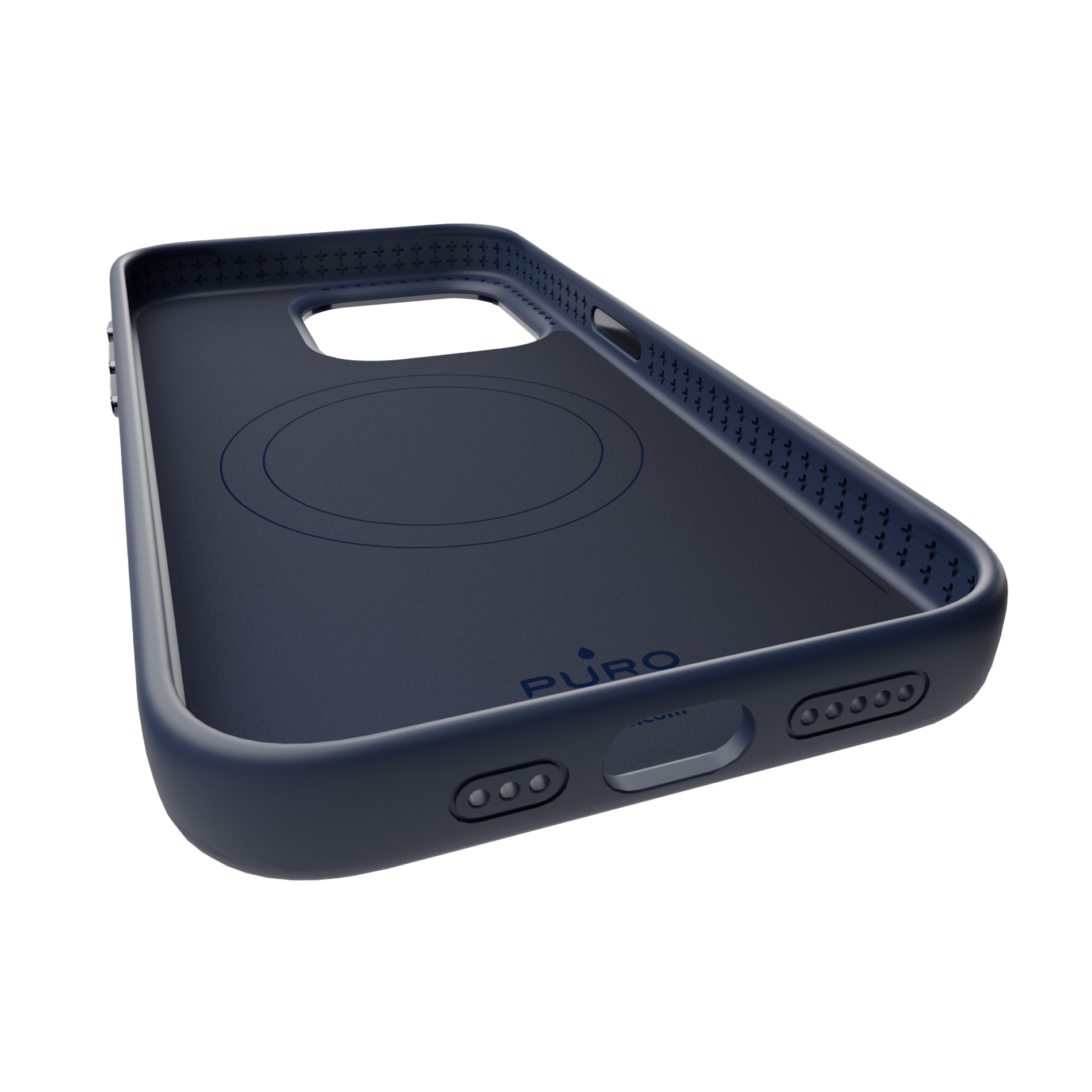 Custodia blu scuro con logo Puro e motivo circolare.