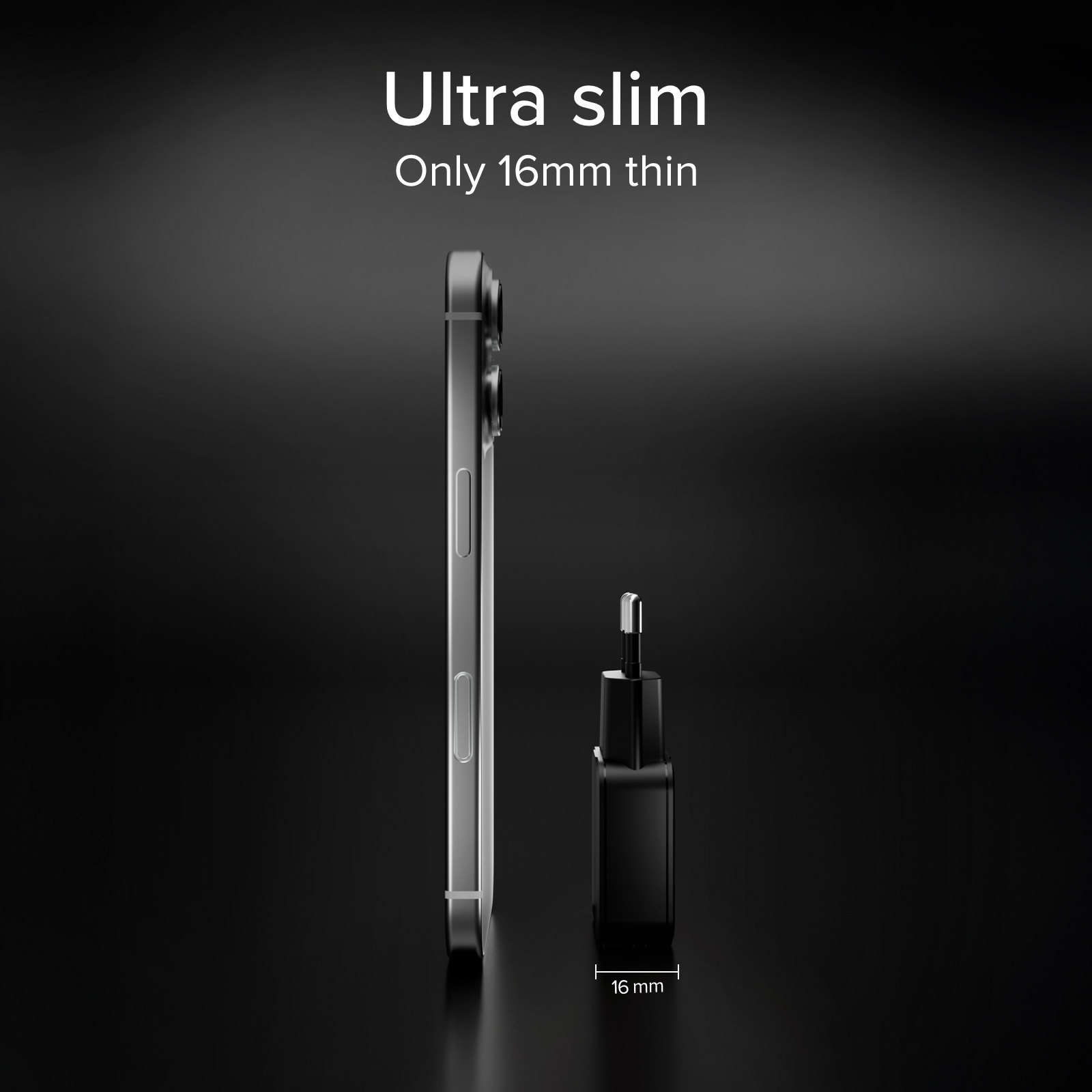Uno smartphone argentato sottile accanto a un caricabatterie nero, spesso 16mm.