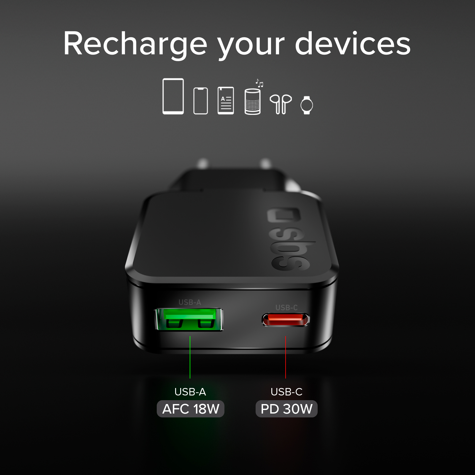 Caricatore nero con porte USB-A (verde) e USB-C (rosso). AFC 18W, PD 30W.