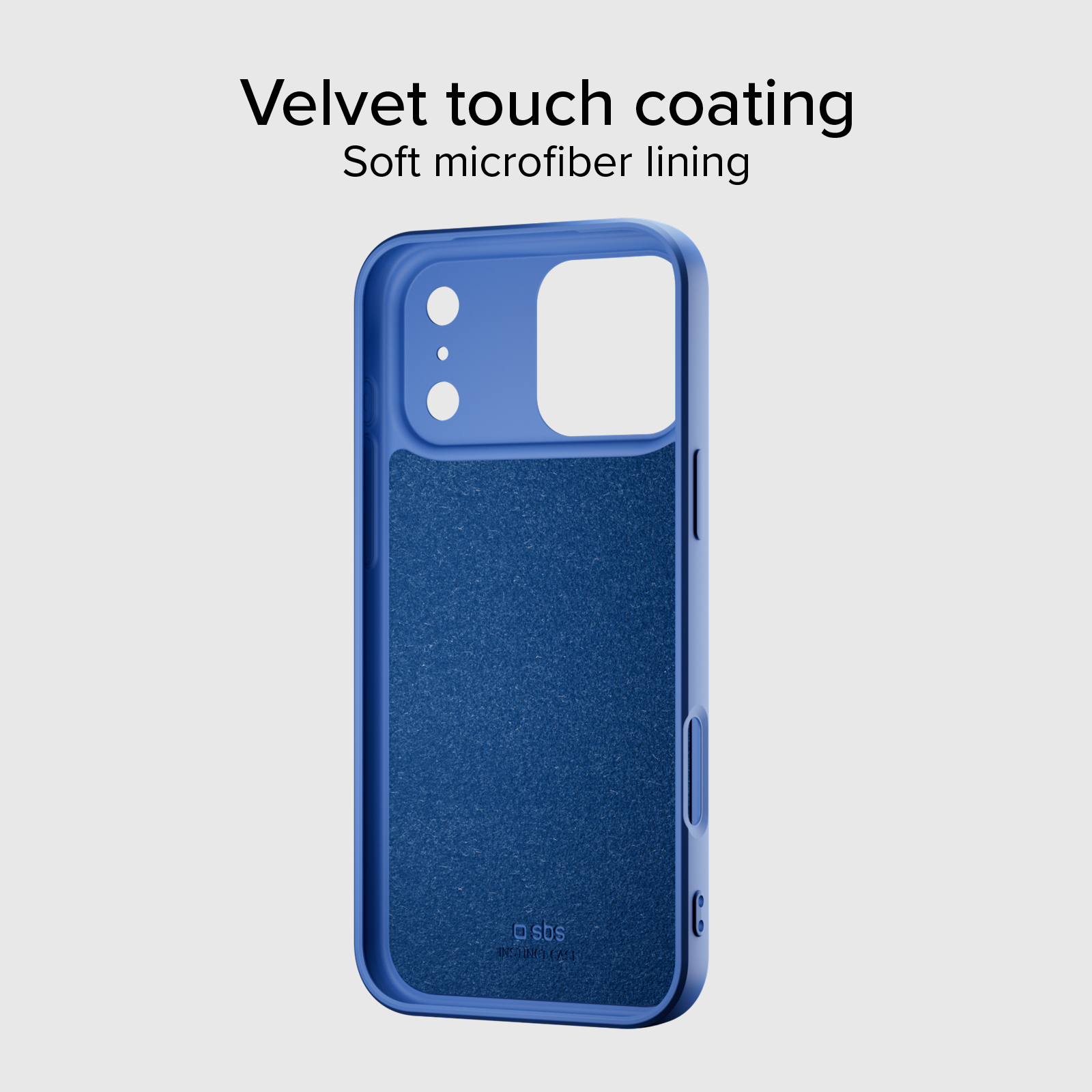 Blaue Handyhülle mit Samt-Innenfutter und Ausschnitten für Kamera und Tasten.