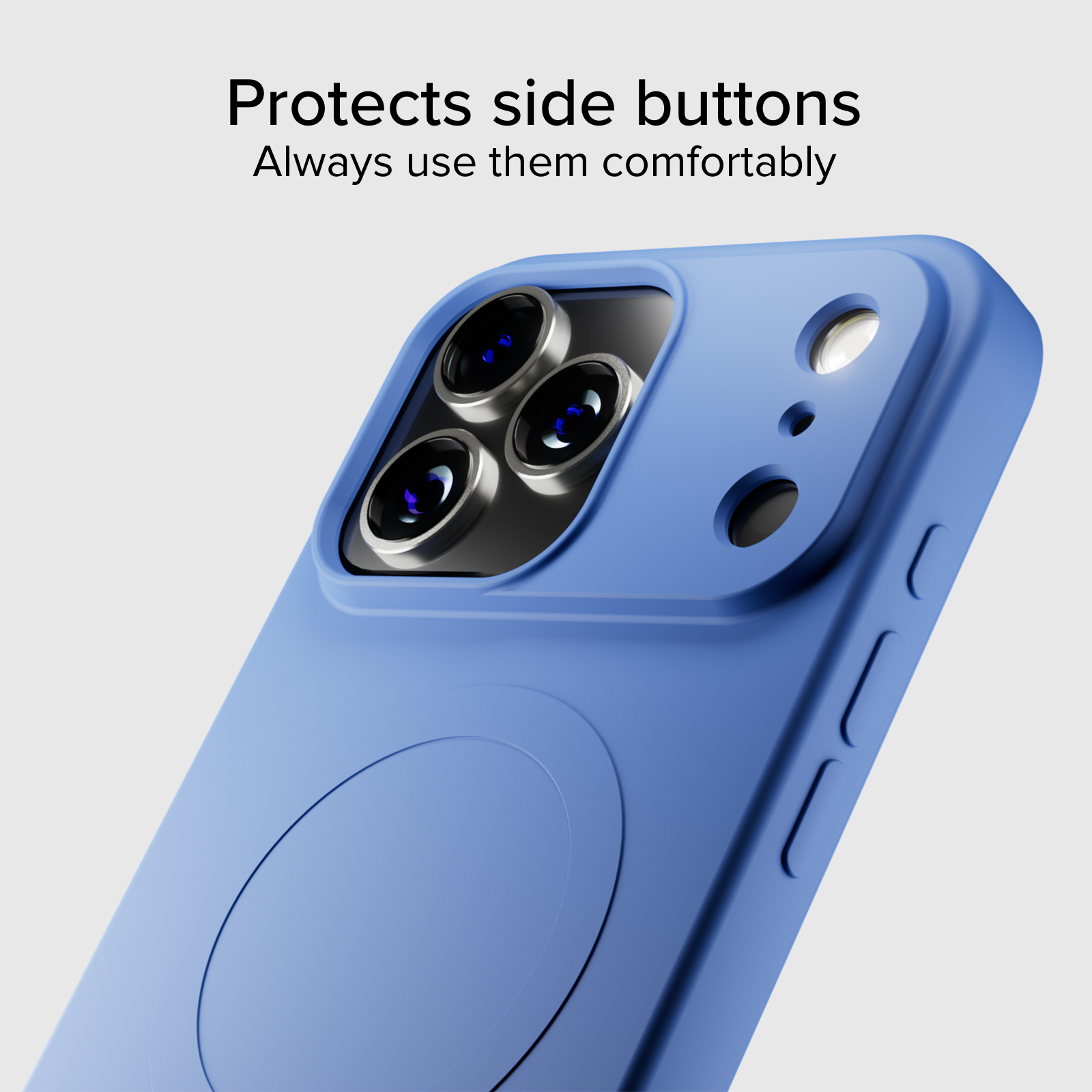 Eine blaue Handyhülle mit drei Kameralinsen und seitlichen Tasten.