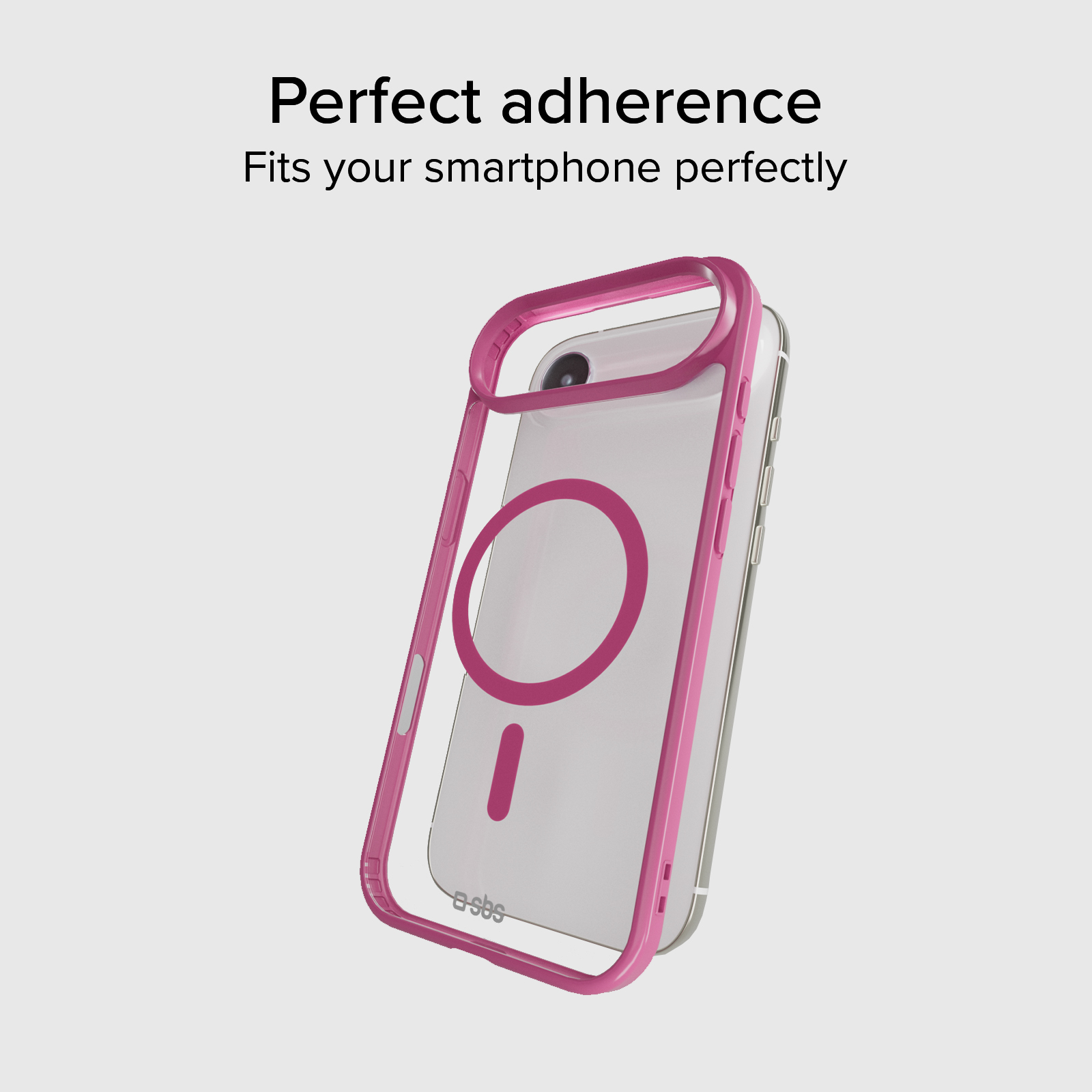 Una custodia rosa per iPhone con anello magnetico e retro trasparente.