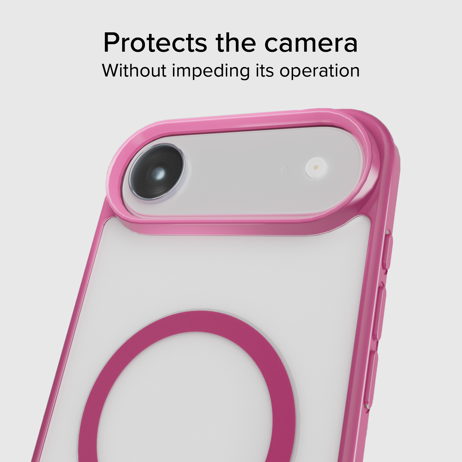 Una custodia rosa per telefono protegge fotocamera e pulsanti.