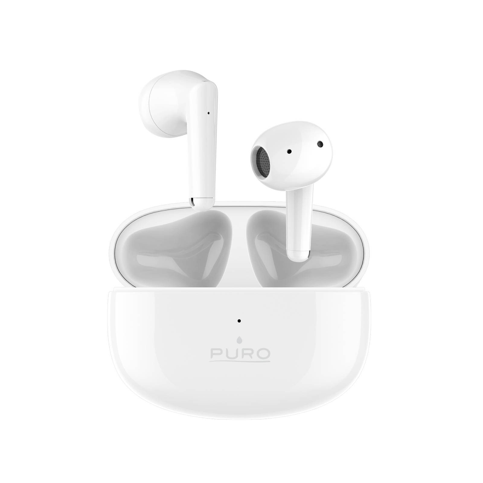 Auricolari wireless bianchi in una custodia di ricarica bianca con logo Puro.
