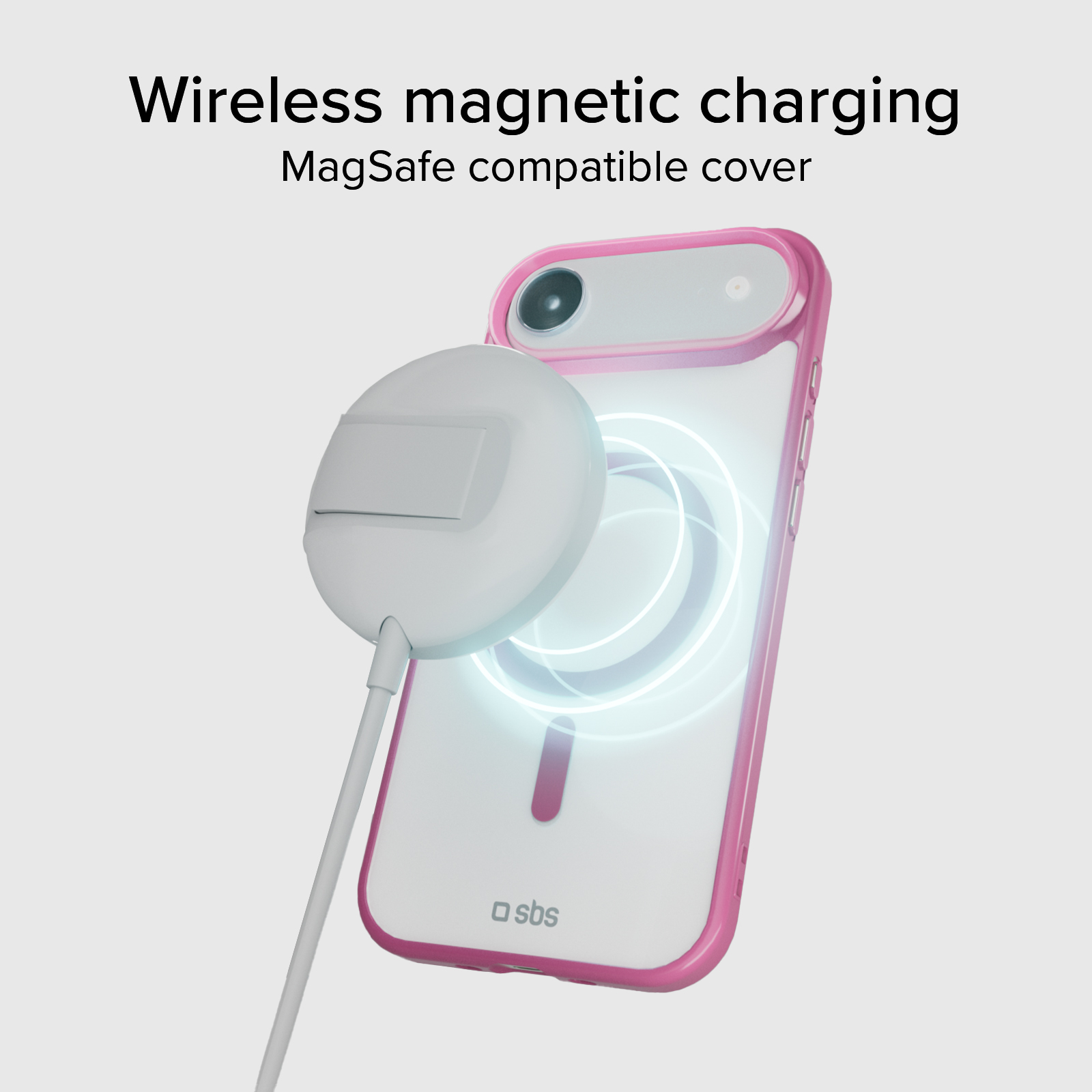 iPhone rosa con caricabatterie MagSafe. Viene mostrata la ricarica magnetica wireless.
