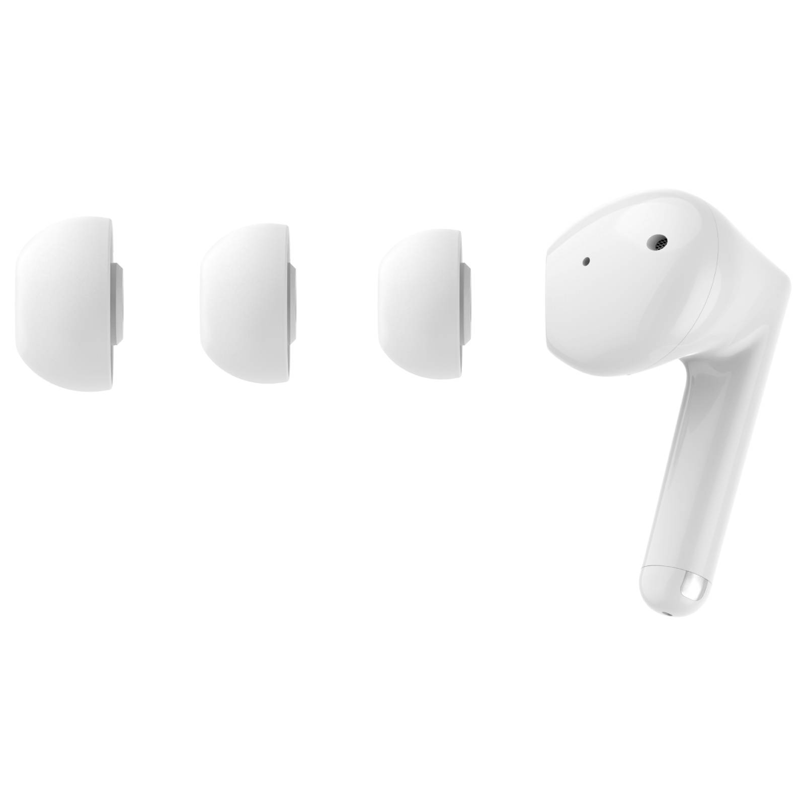 Tre gommini bianchi e un auricolare bianco su sfondo bianco.