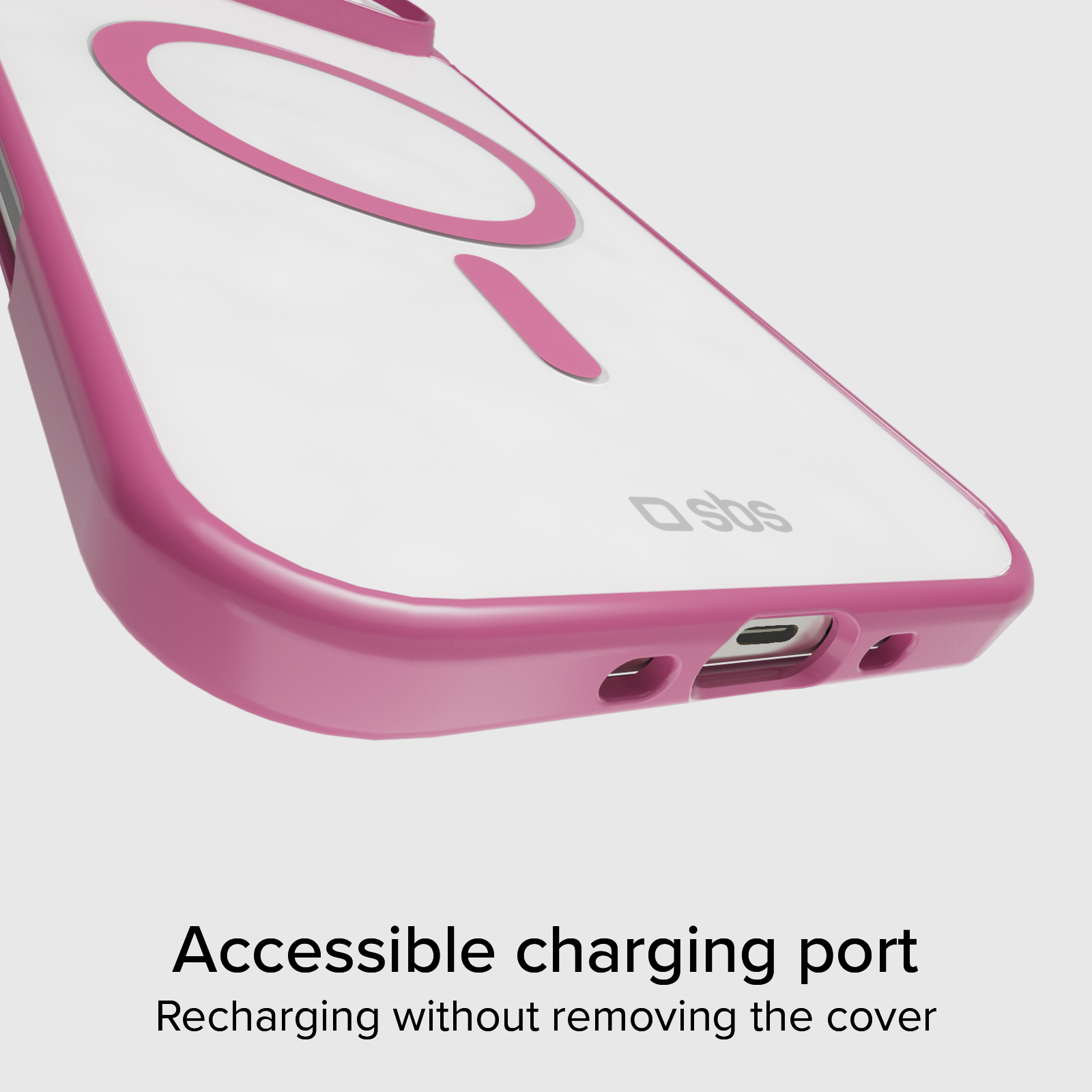 Una custodia rosa per telefono con porta di ricarica e logo SBS.