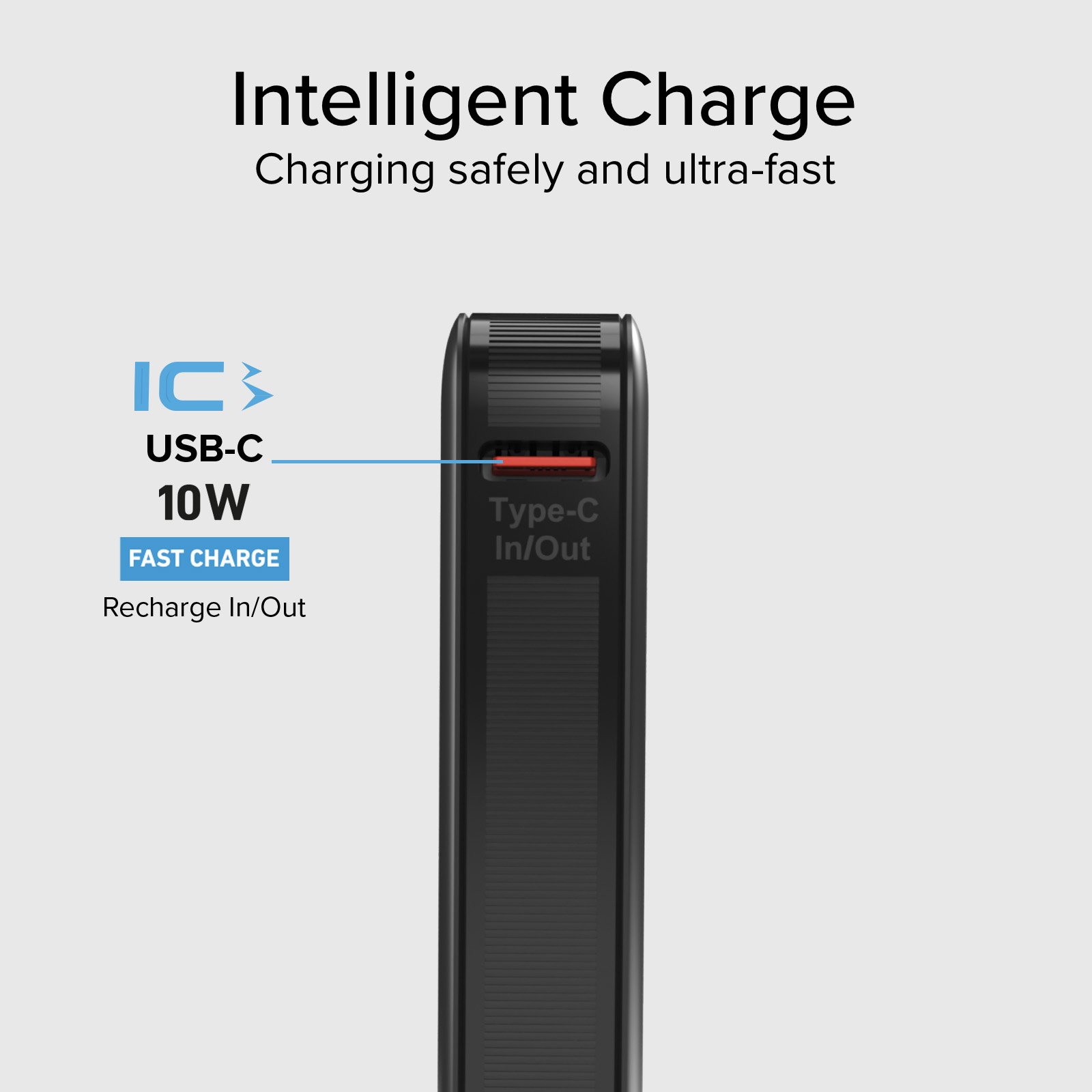 Caricatore nero con porta USB-C, 10W, ricarica rapida.