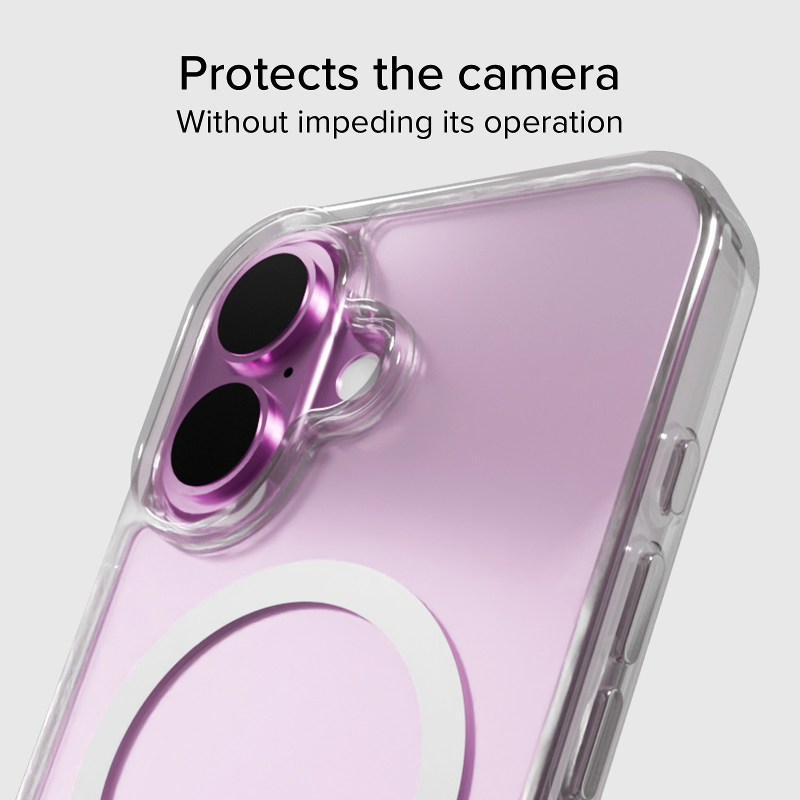 Nahaufnahme eines violetten Smartphones in einer transparenten Hülle, das Kameralinsen und einen weißen Rundmagneten zeigt.