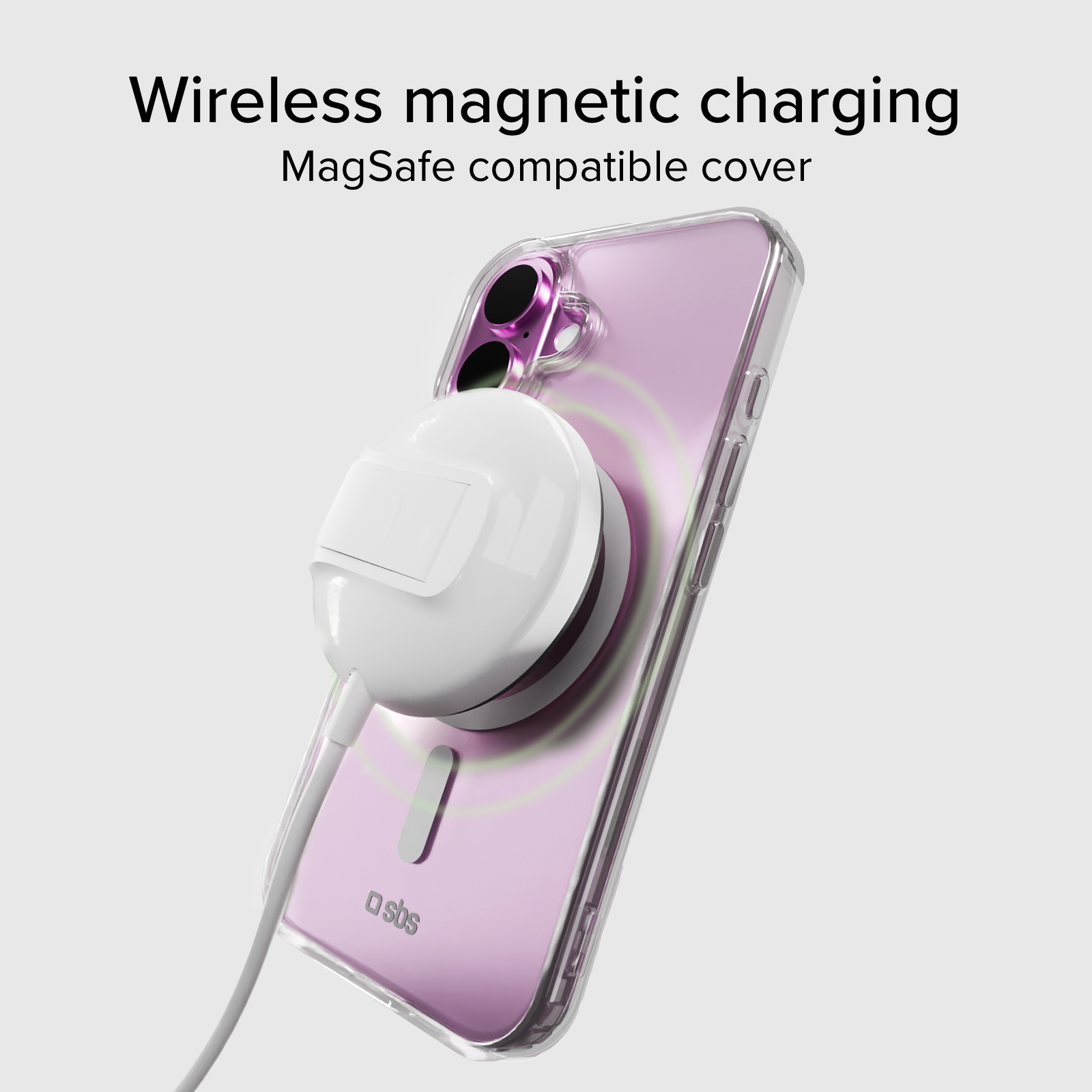 Ein weißes MagSafe-Ladegerät ist magnetisch an einem pinken iPhone mit klarer Hülle befestigt.