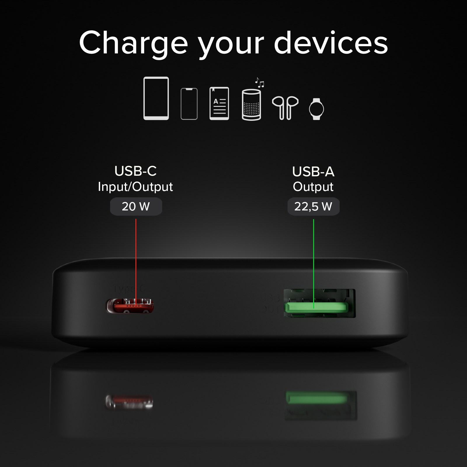 Caricatore nero con porte USB-C (20W) e USB-A (22,5W).