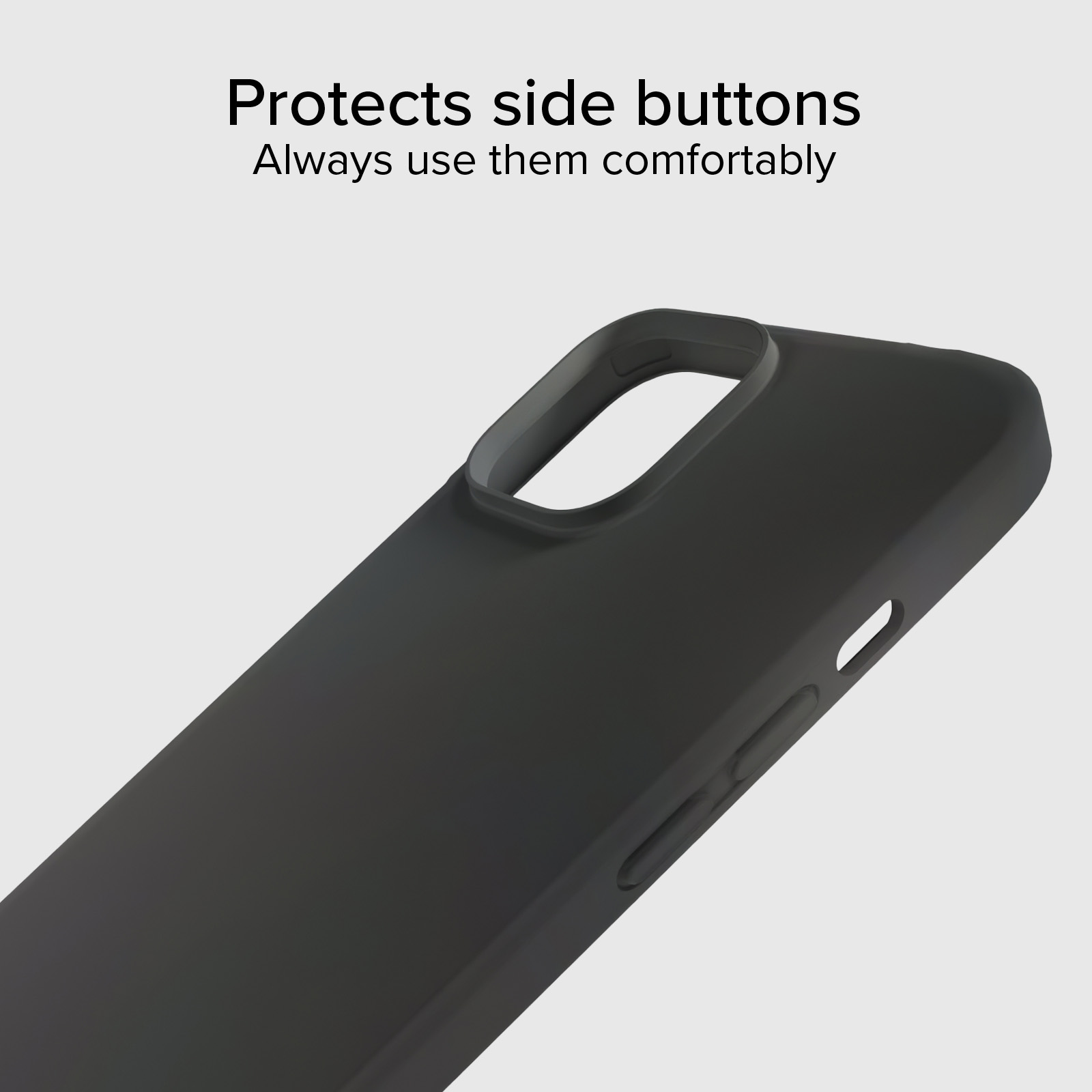 Custodia nera per telefono con ritagli per pulsanti e fotocamera. Mostra protezione.