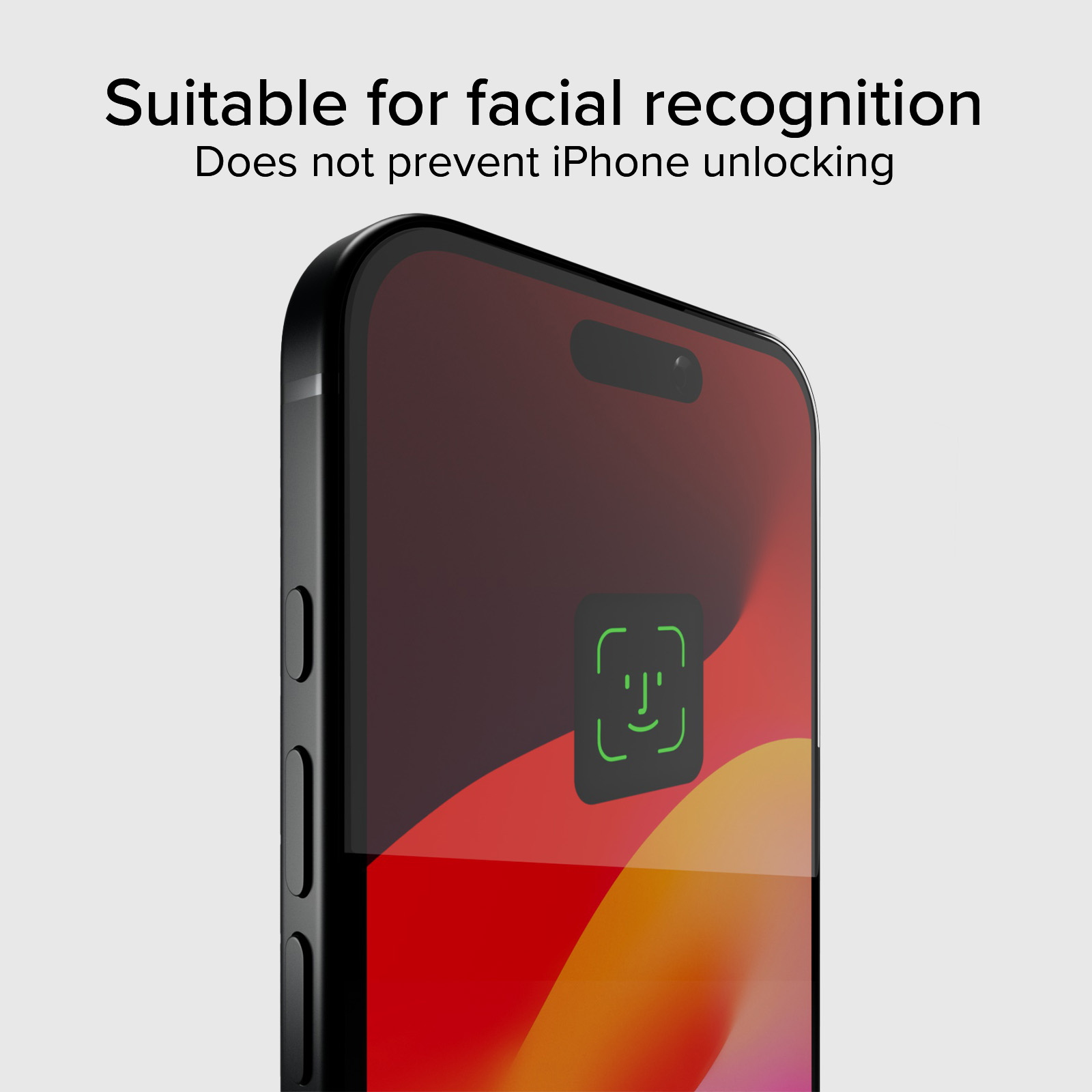 iPhone nero con icona di riconoscimento facciale sullo schermo.