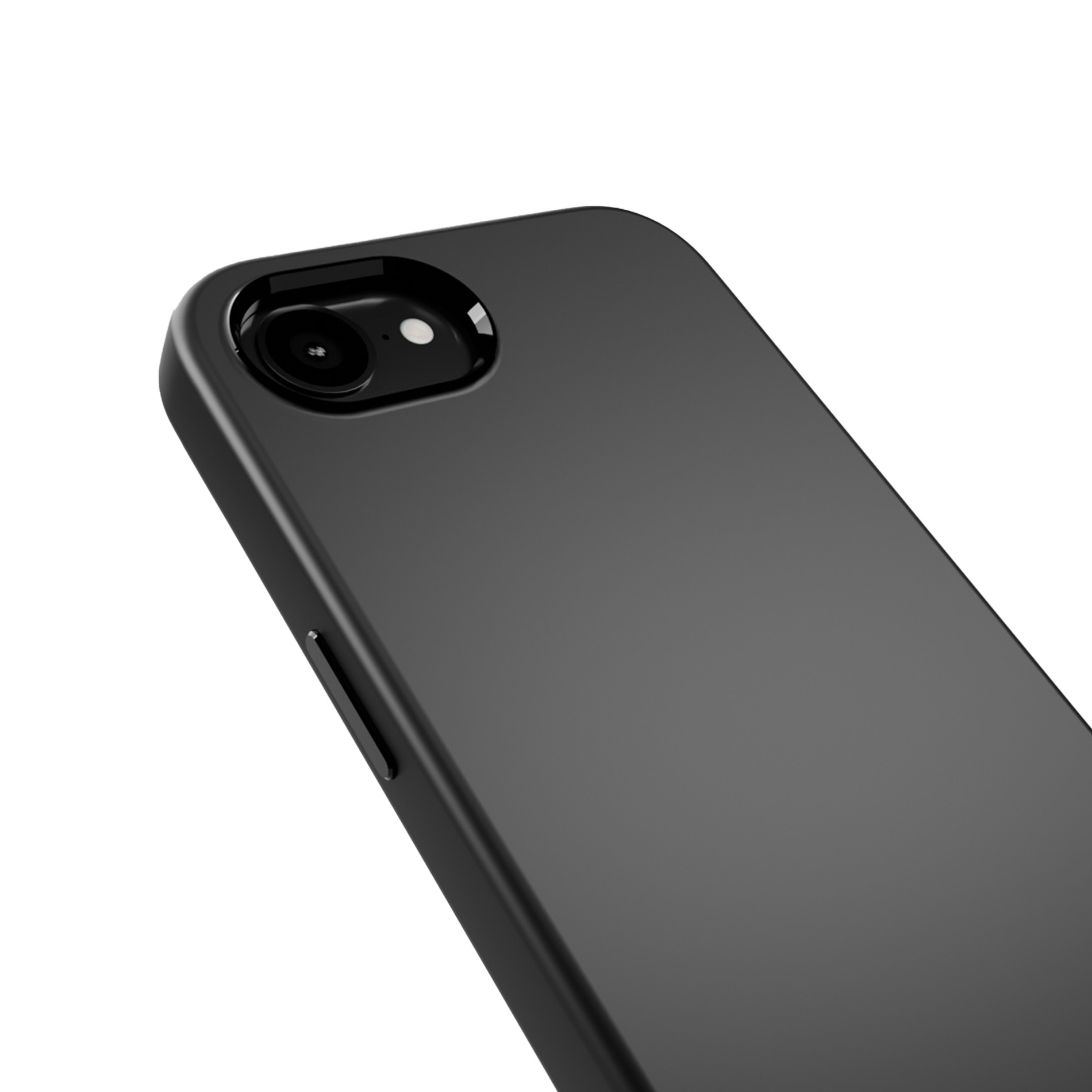 Una custodia nera per telefono con obiettivo e flash su sfondo bianco.