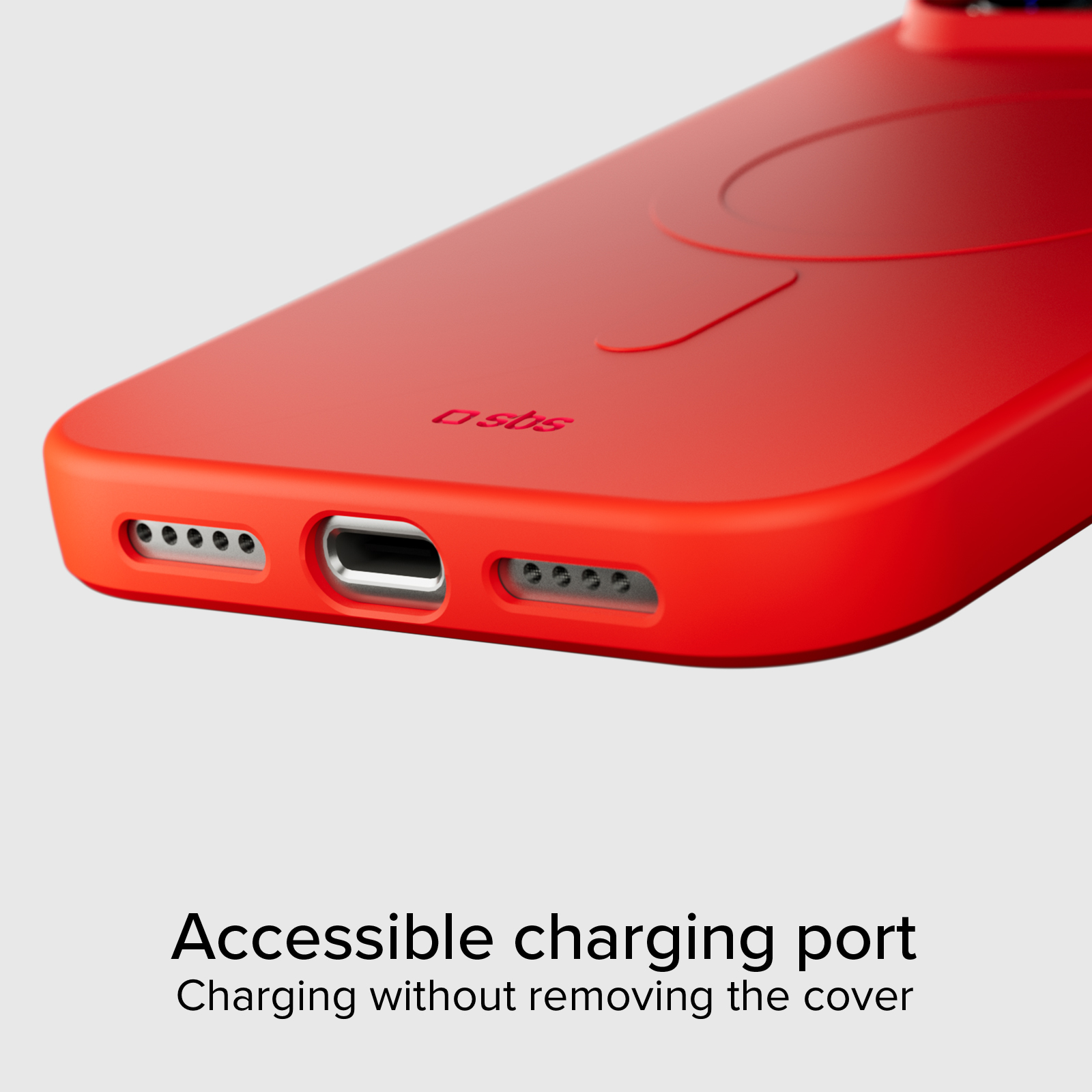 Funda roja para teléfono con puerto de carga accesible y orificios.