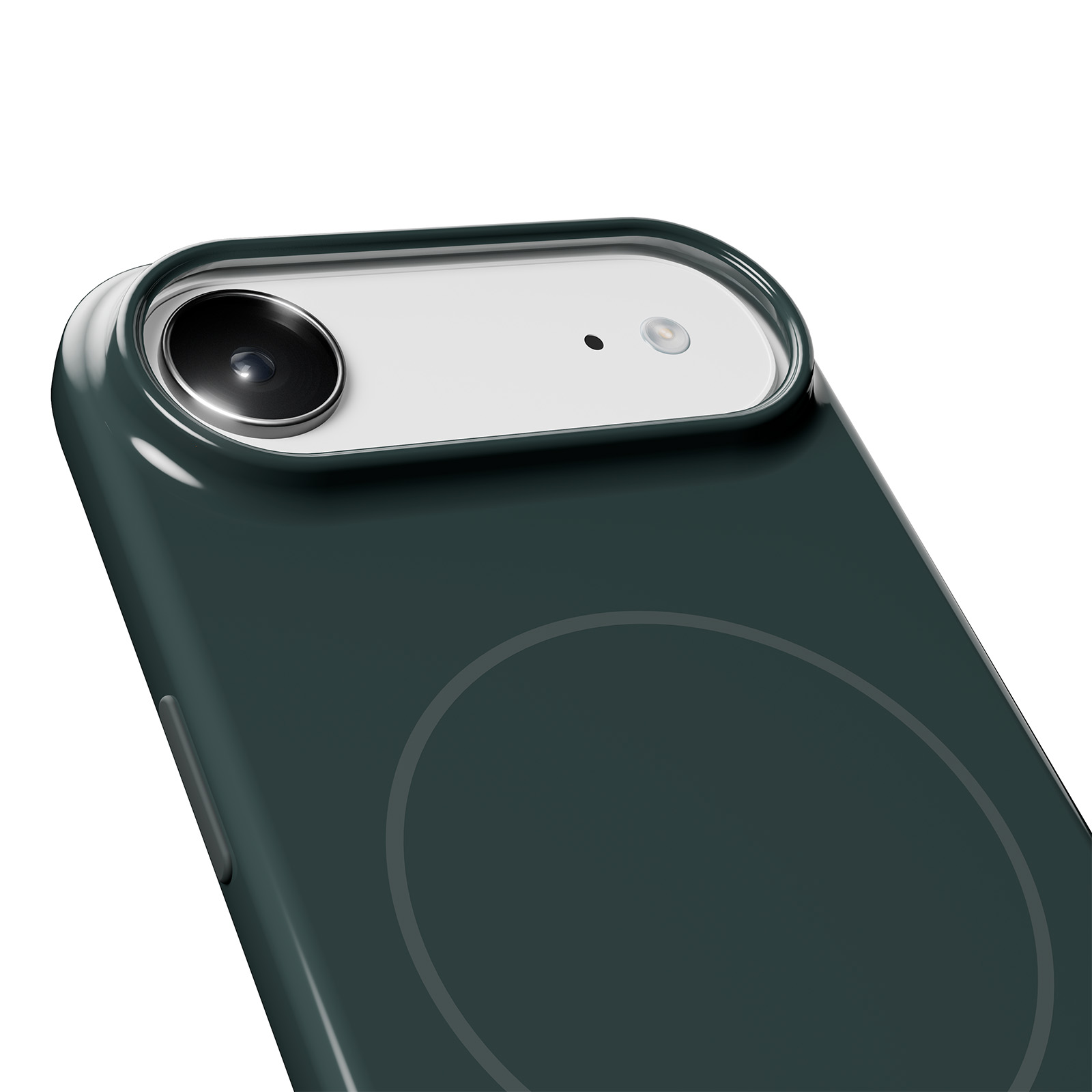Funda de teléfono verde oscuro con módulo de cámara y flash.