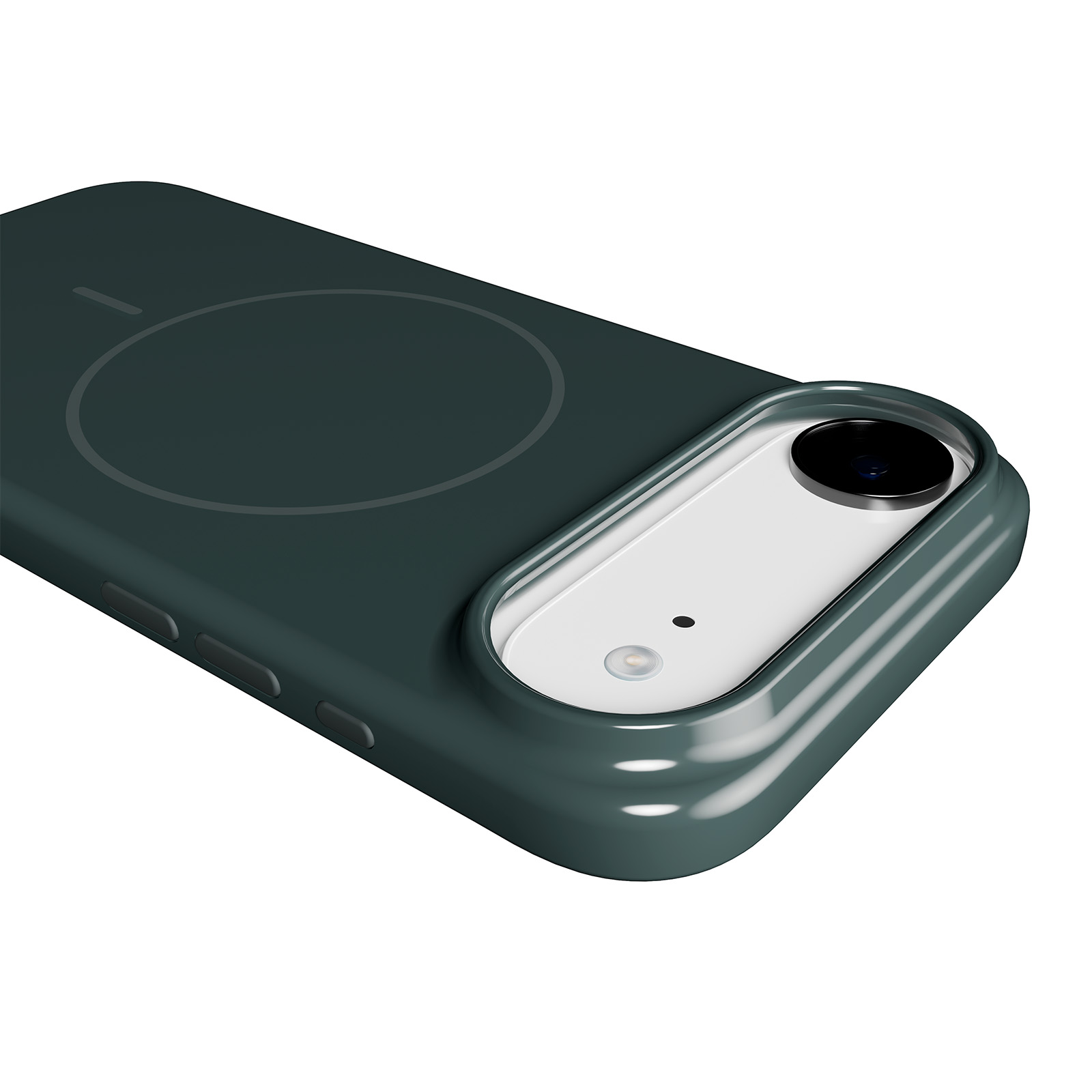 Funda verde oscura para teléfono con recorte de cámara y anillo magnético.