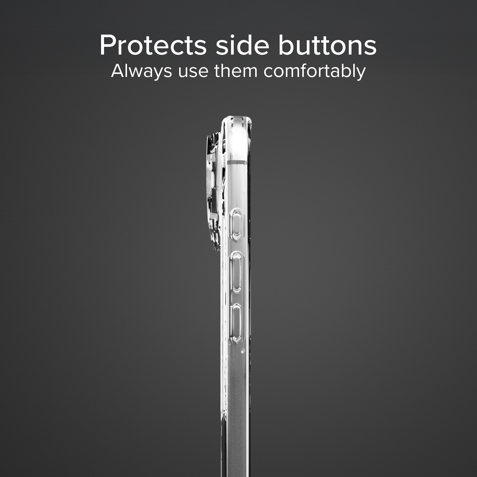 Funda transparente para teléfono que muestra botones laterales.