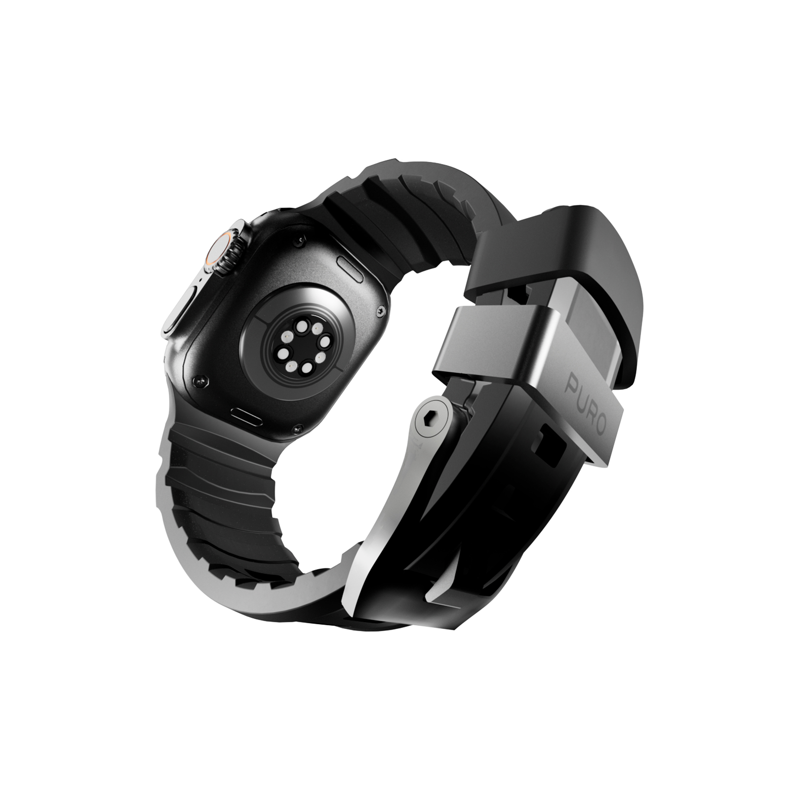 Vista posteriore di uno smartwatch nero con sensore di battito cardiaco e marchio PURO.