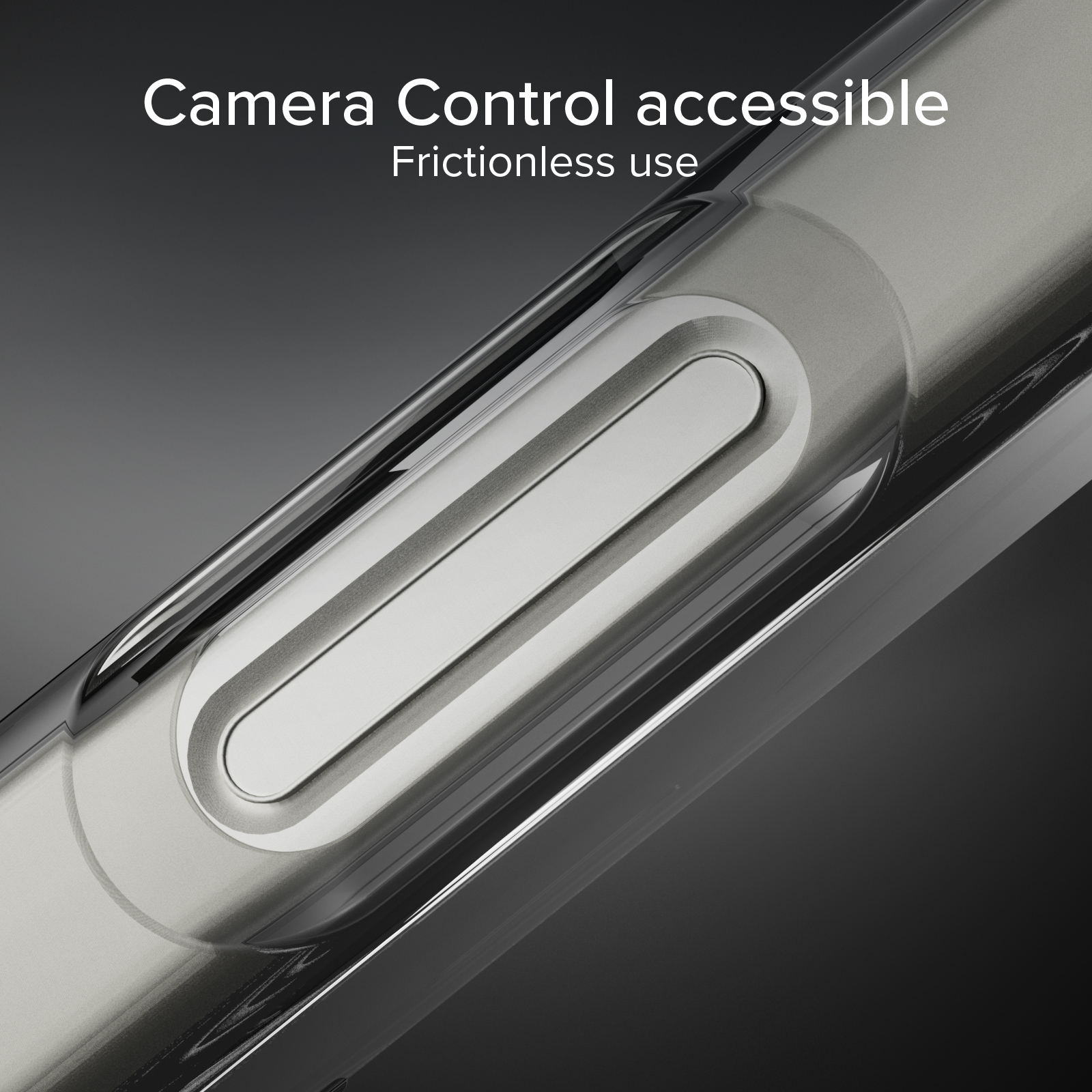 Primer plano de un control de cámara plateado con texto: Control de cámara accesible